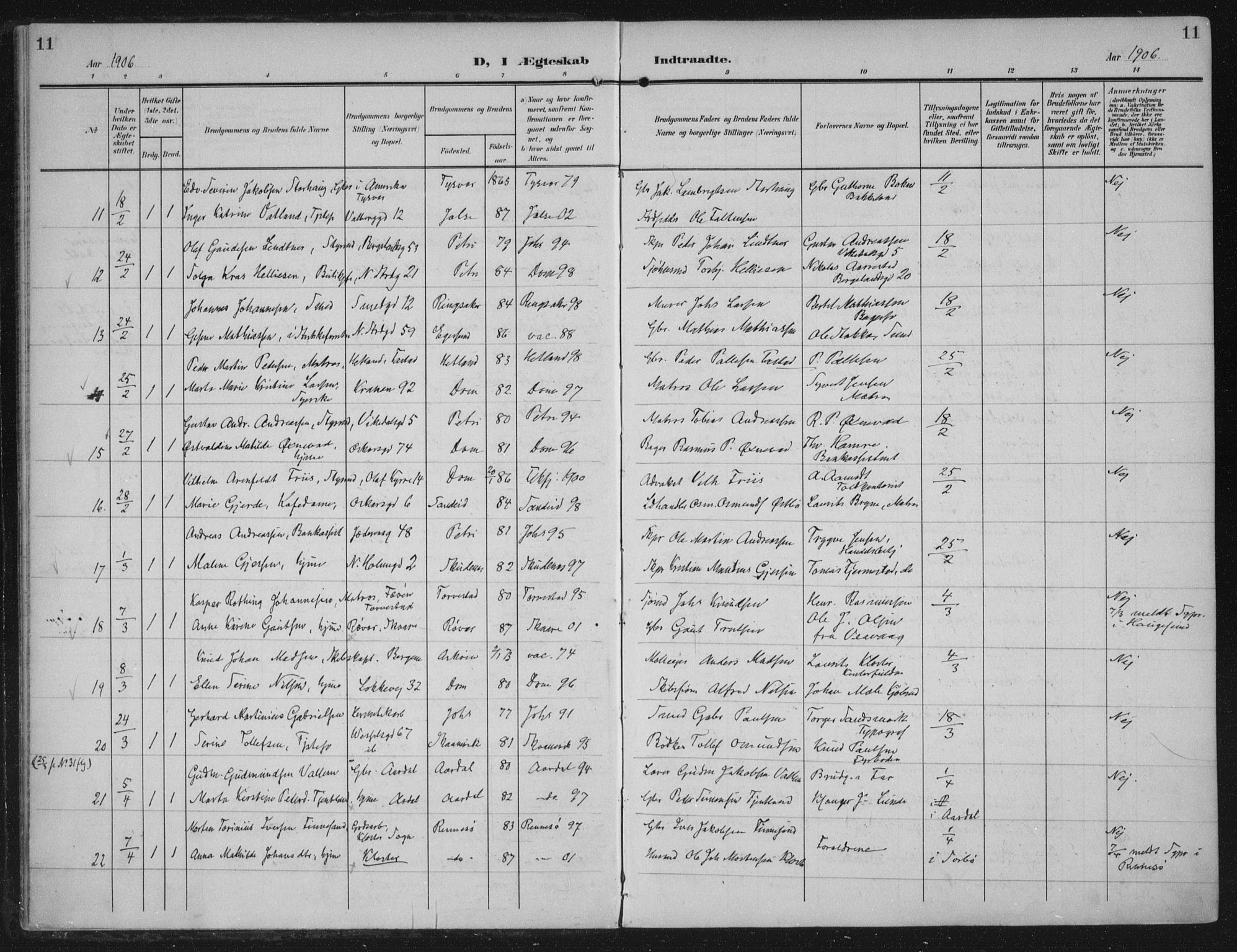 Domkirken sokneprestkontor, SAST/A-101812/002/A/L0016: Parish register (official) no. A 33, 1905-1922, p. 11