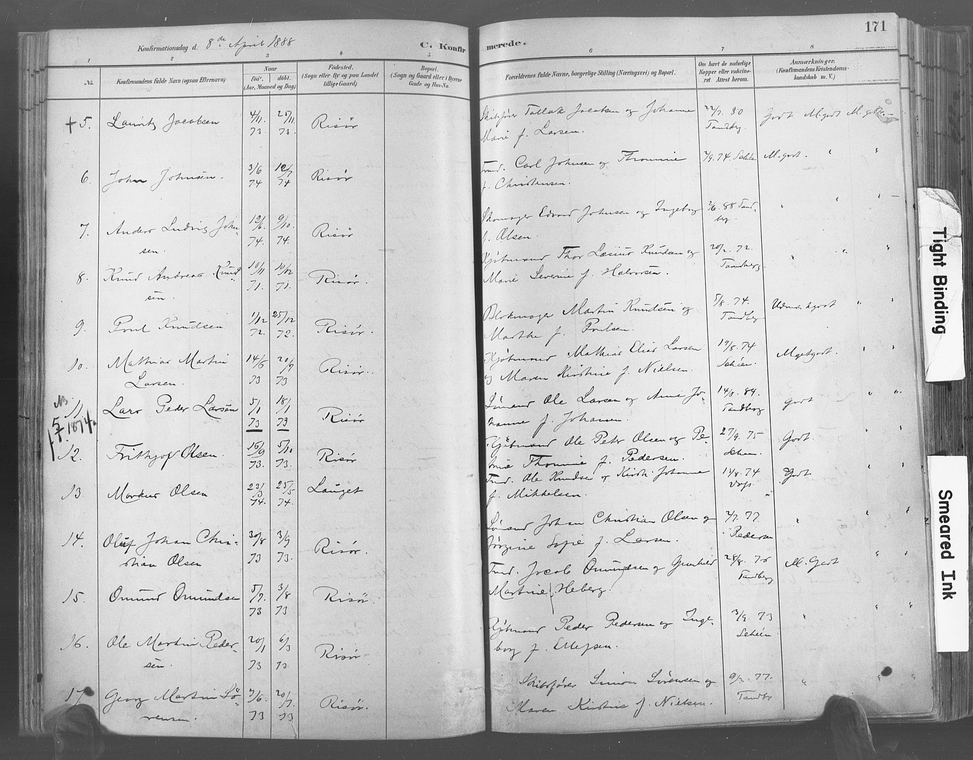 Risør sokneprestkontor, AV/SAK-1111-0035/F/Fa/L0005: Parish register (official) no. A 5, 1883-1895, p. 171