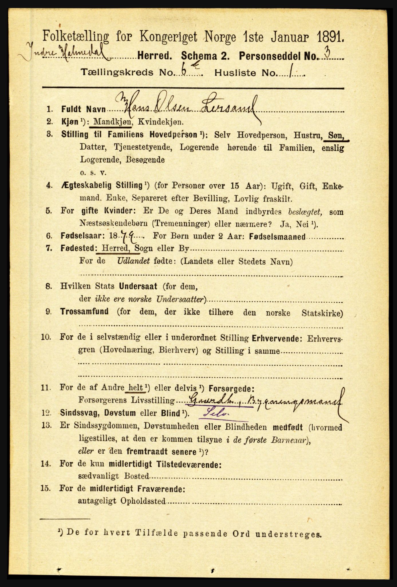 RA, 1891 census for 1430 Indre Holmedal, 1891, p. 2867