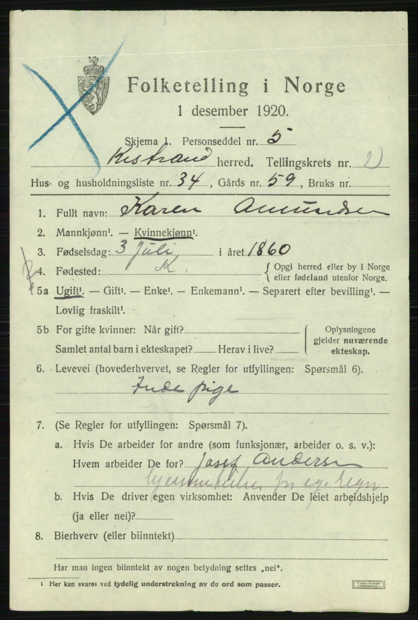 SATØ, 1920 census for Kistrand, 1920, p. 1846