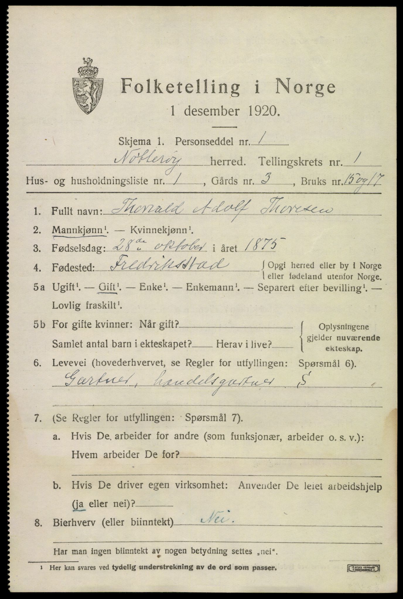 SAKO, 1920 census for Nøtterøy, 1920, p. 2837