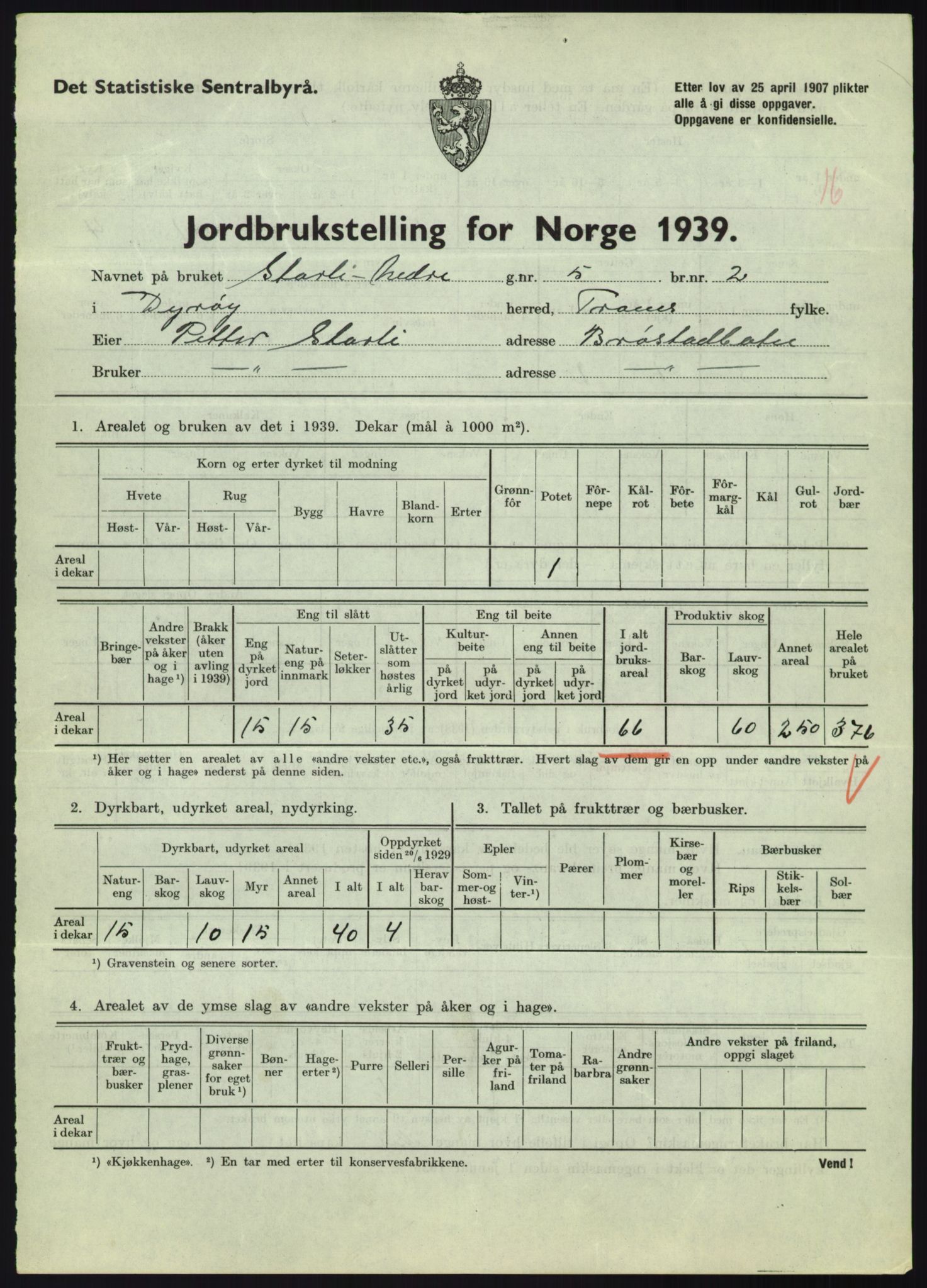 Statistisk sentralbyrå, Næringsøkonomiske emner, Jordbruk, skogbruk, jakt, fiske og fangst, AV/RA-S-2234/G/Gb/L0340: Troms: Salangen og Dyrøy, 1939, p. 1458