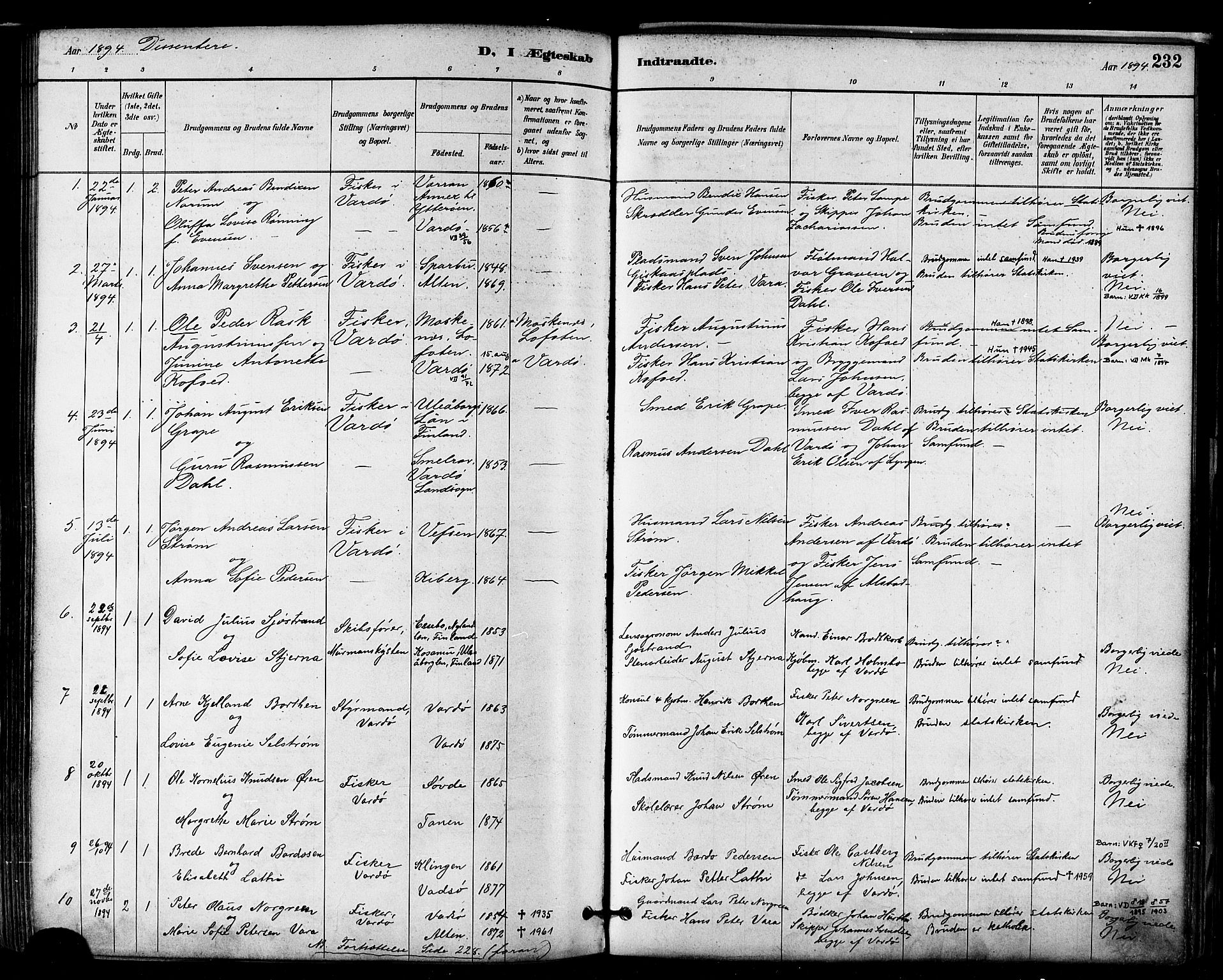 Vardø sokneprestkontor, AV/SATØ-S-1332/H/Ha/L0007kirke: Parish register (official) no. 7, 1886-1897, p. 232