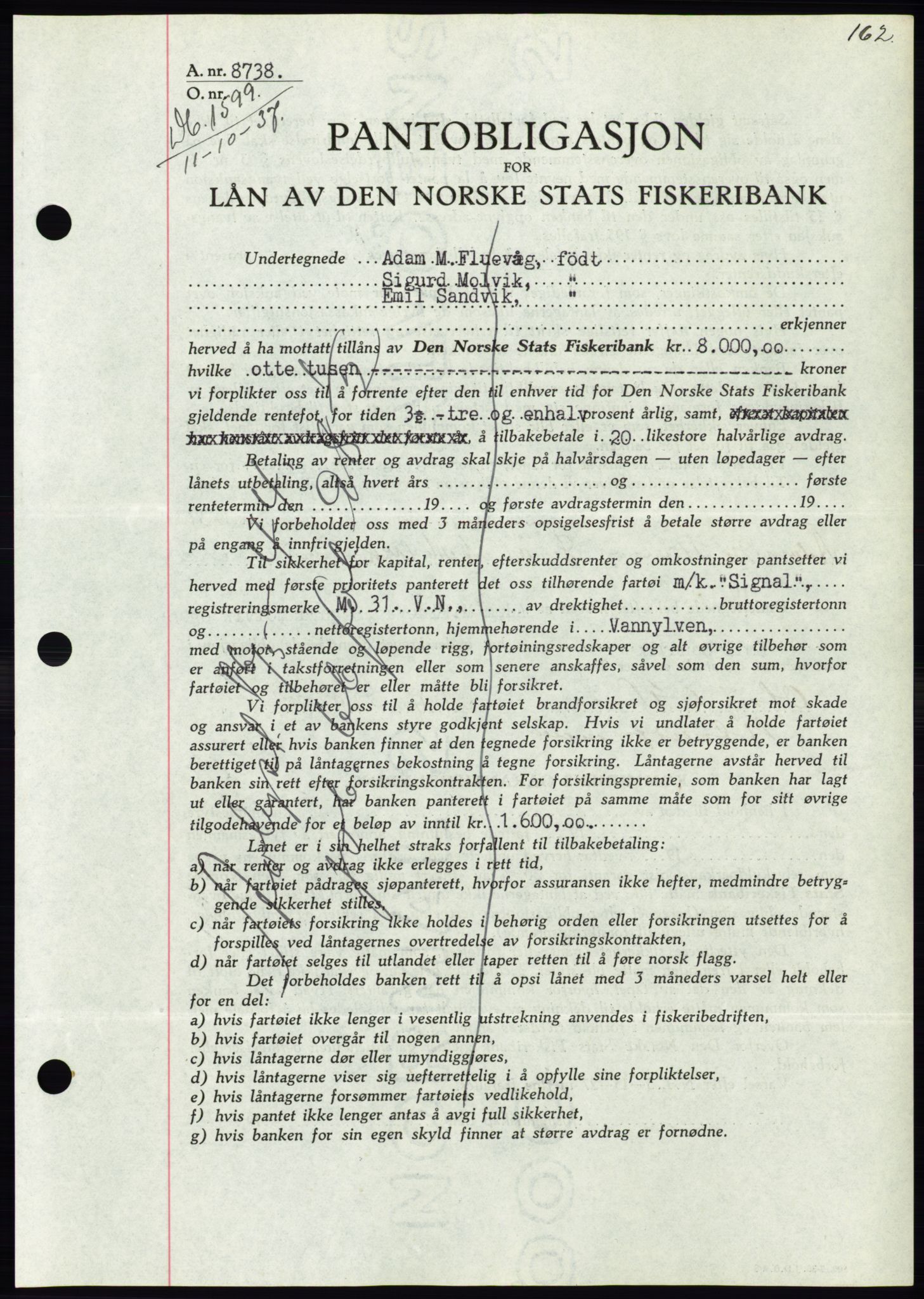 Søre Sunnmøre sorenskriveri, AV/SAT-A-4122/1/2/2C/L0064: Mortgage book no. 58, 1937-1938, Diary no: : 1599/1937