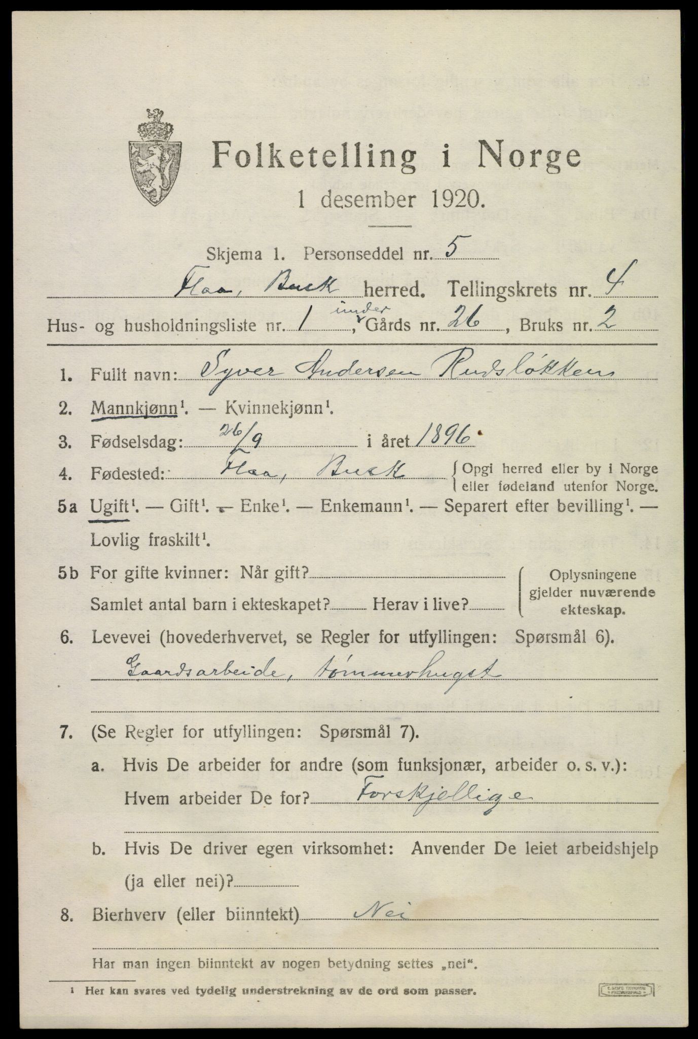 SAKO, 1920 census for Flå, 1920, p. 2631