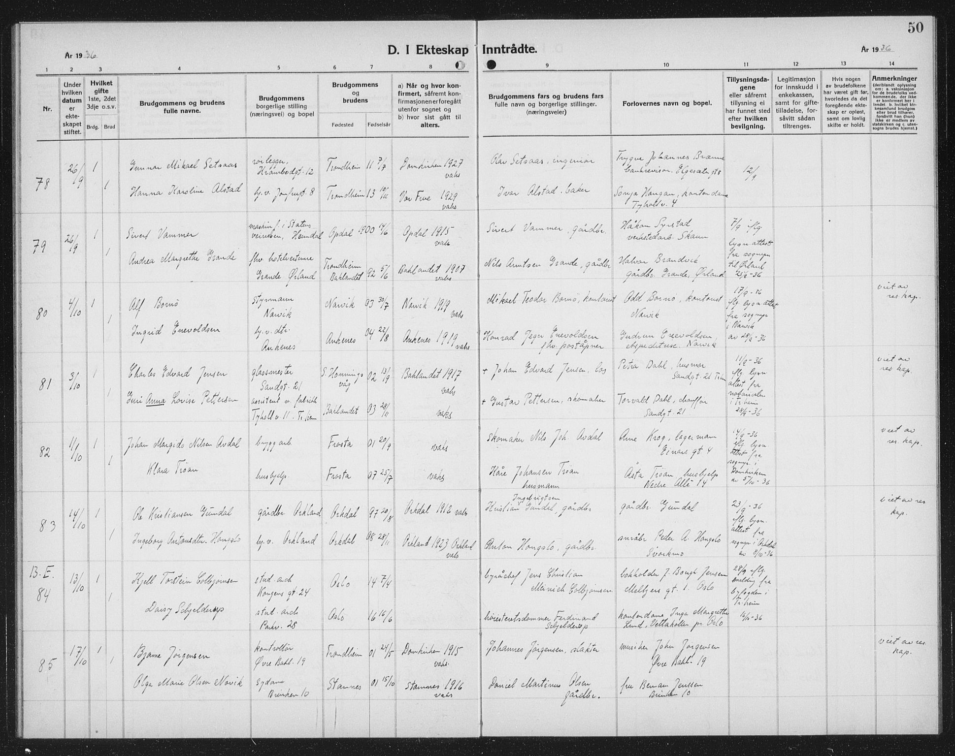 Ministerialprotokoller, klokkerbøker og fødselsregistre - Sør-Trøndelag, AV/SAT-A-1456/602/L0152: Parish register (copy) no. 602C20, 1933-1940, p. 50