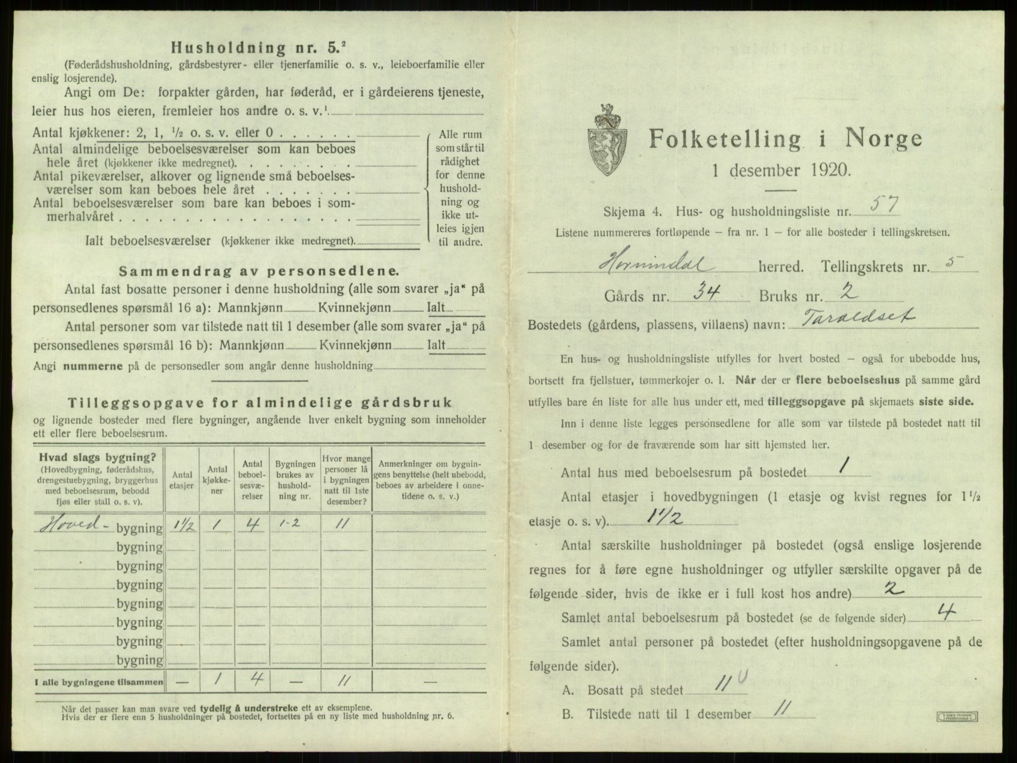 SAB, 1920 census for Hornindal, 1920, p. 419