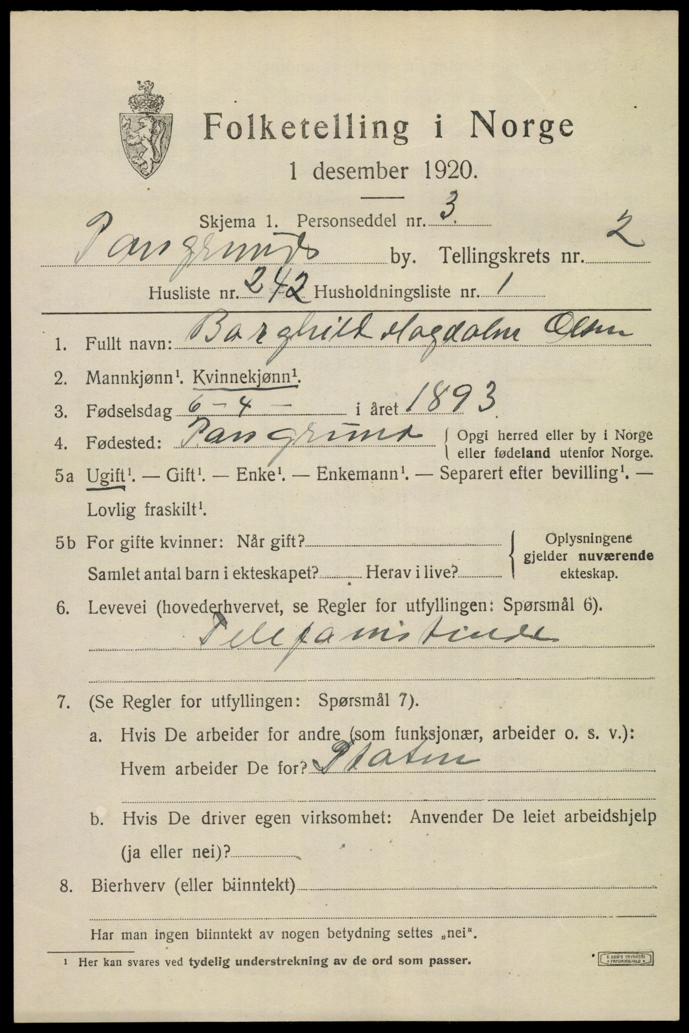 SAKO, 1920 census for Porsgrunn, 1920, p. 13637