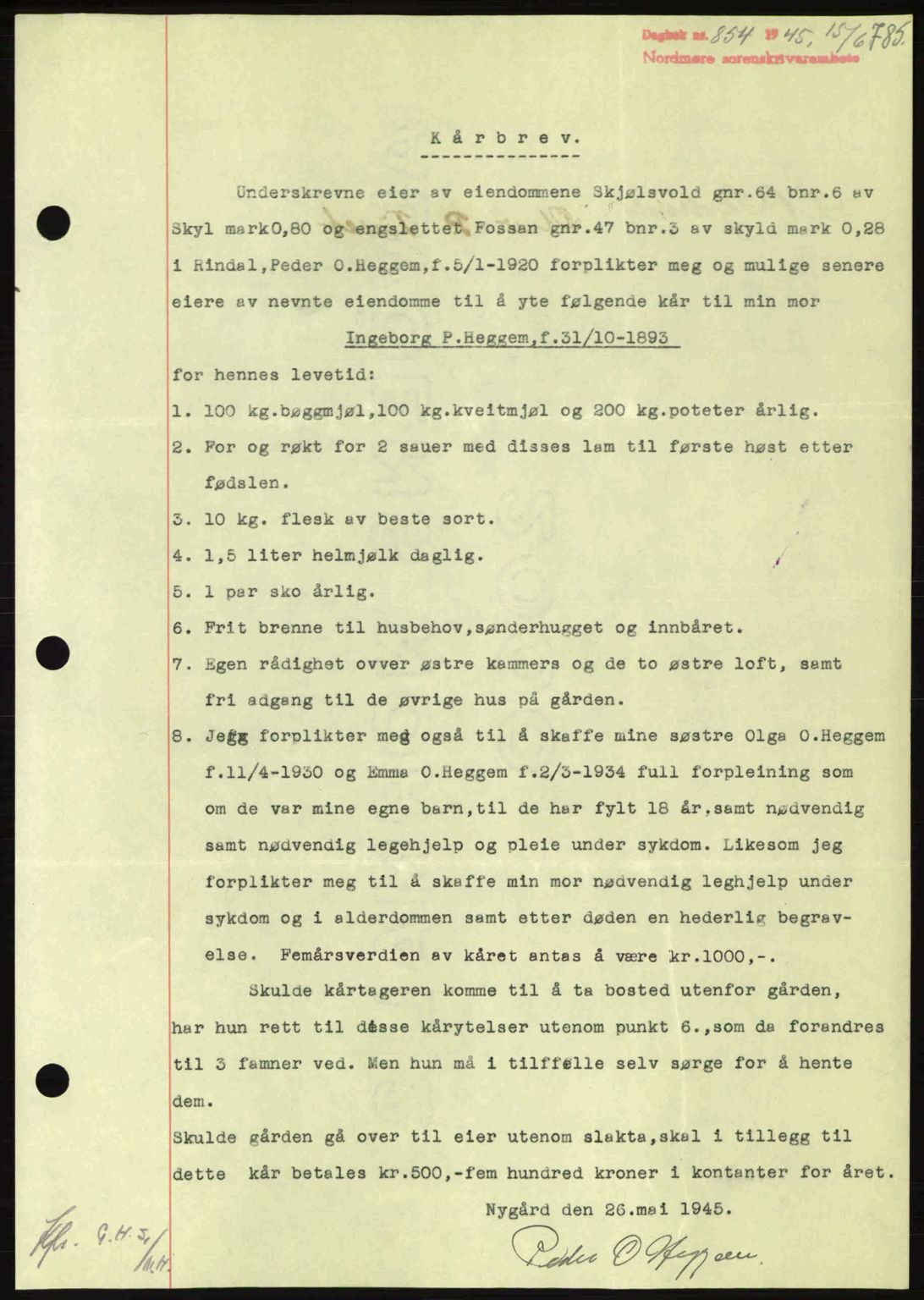 Nordmøre sorenskriveri, AV/SAT-A-4132/1/2/2Ca: Mortgage book no. B92, 1944-1945, Diary no: : 854/1945