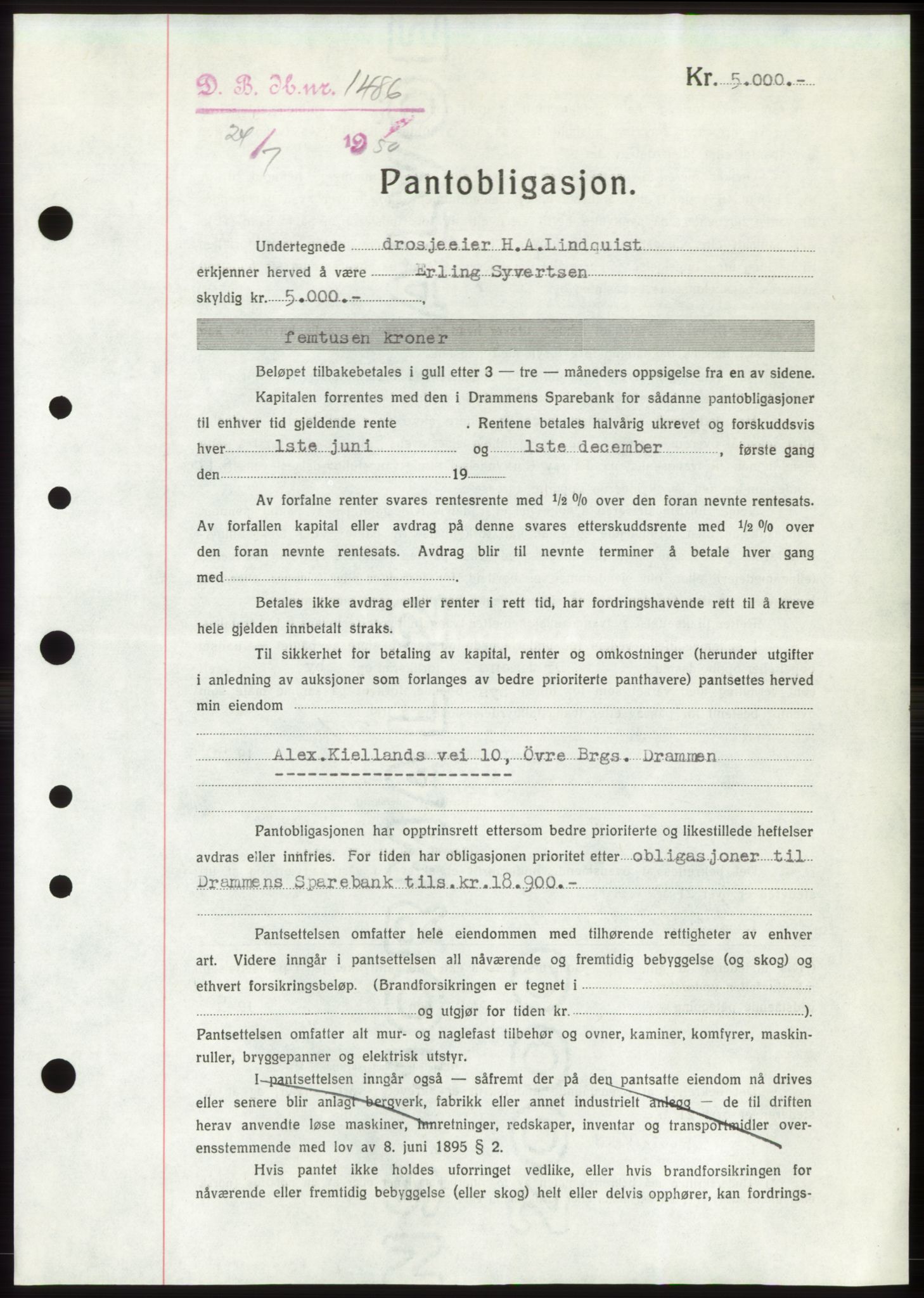 Drammen byfogd, AV/SAKO-A-222/G/Ga/Gad/L0010: Mortgage book no. B10, 1950-1950, Diary no: : 1486/1950