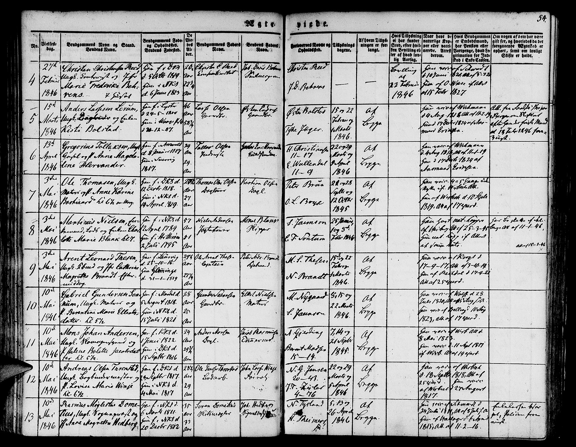 Nykirken Sokneprestembete, SAB/A-77101/H/Hab: Parish register (copy) no. D 1, 1832-1867, p. 54