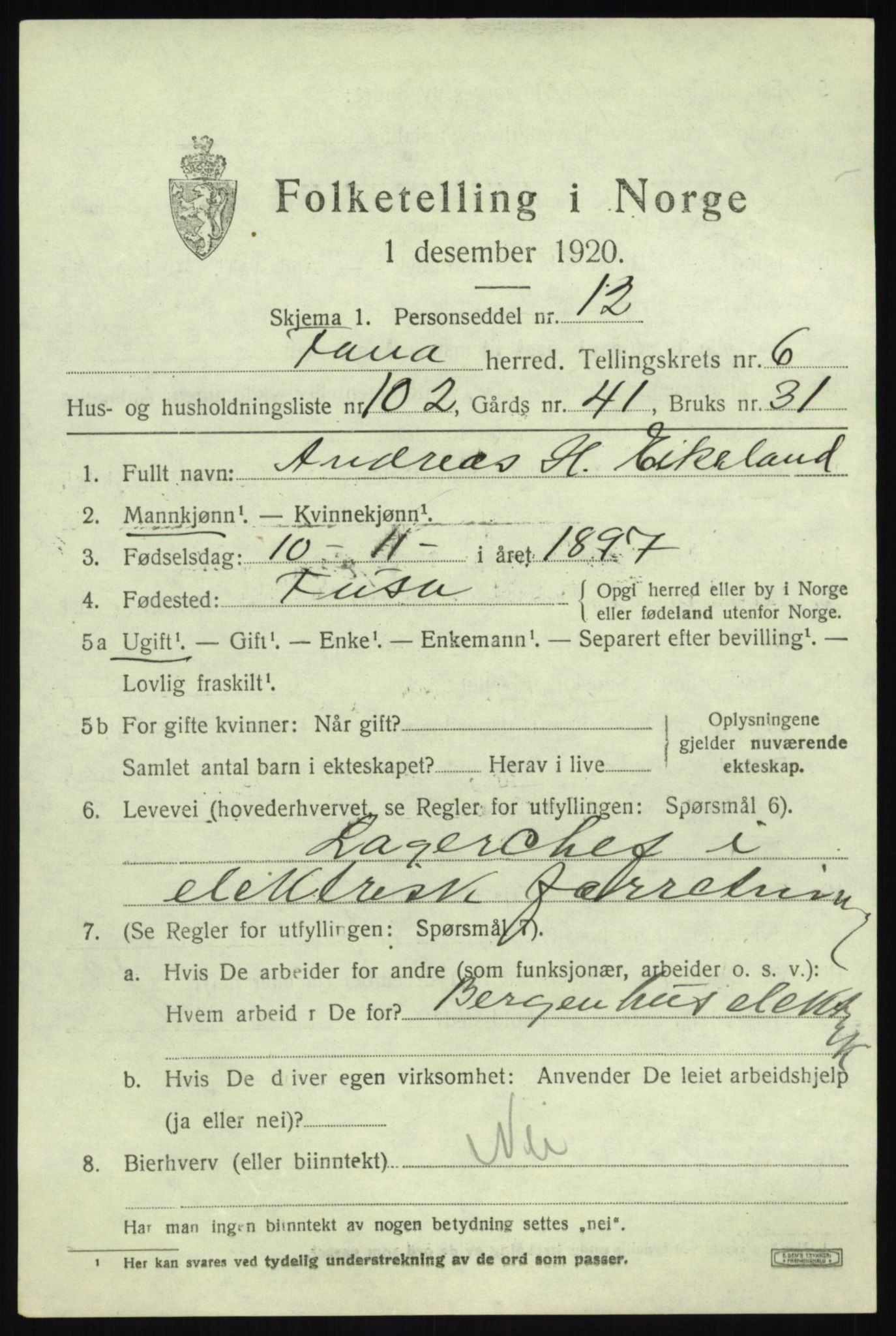 SAB, 1920 census for Fana, 1920, p. 12053