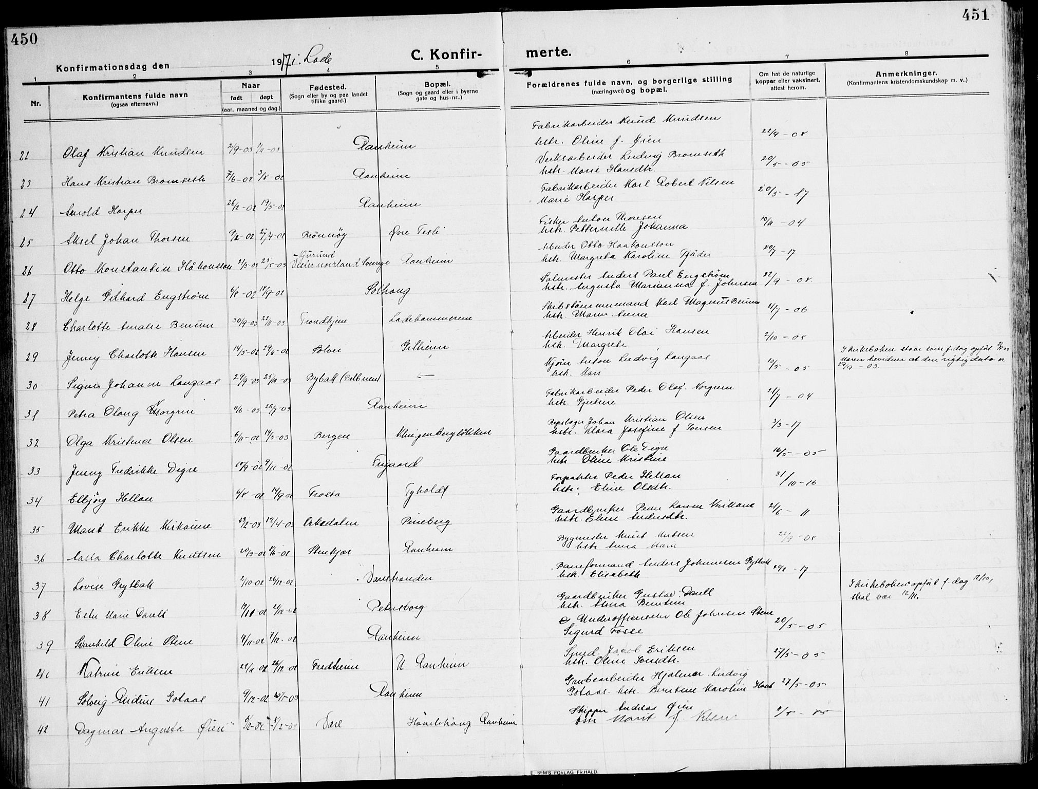 Ministerialprotokoller, klokkerbøker og fødselsregistre - Sør-Trøndelag, AV/SAT-A-1456/607/L0321: Parish register (official) no. 607A05, 1916-1935, p. 450-451