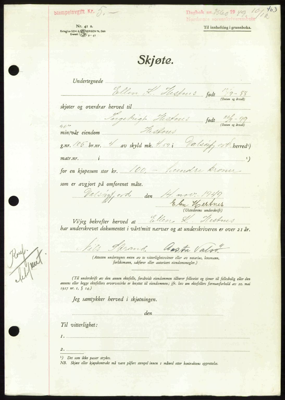 Nordmøre sorenskriveri, AV/SAT-A-4132/1/2/2Ca: Mortgage book no. A113, 1949-1950, Diary no: : 3560/1949