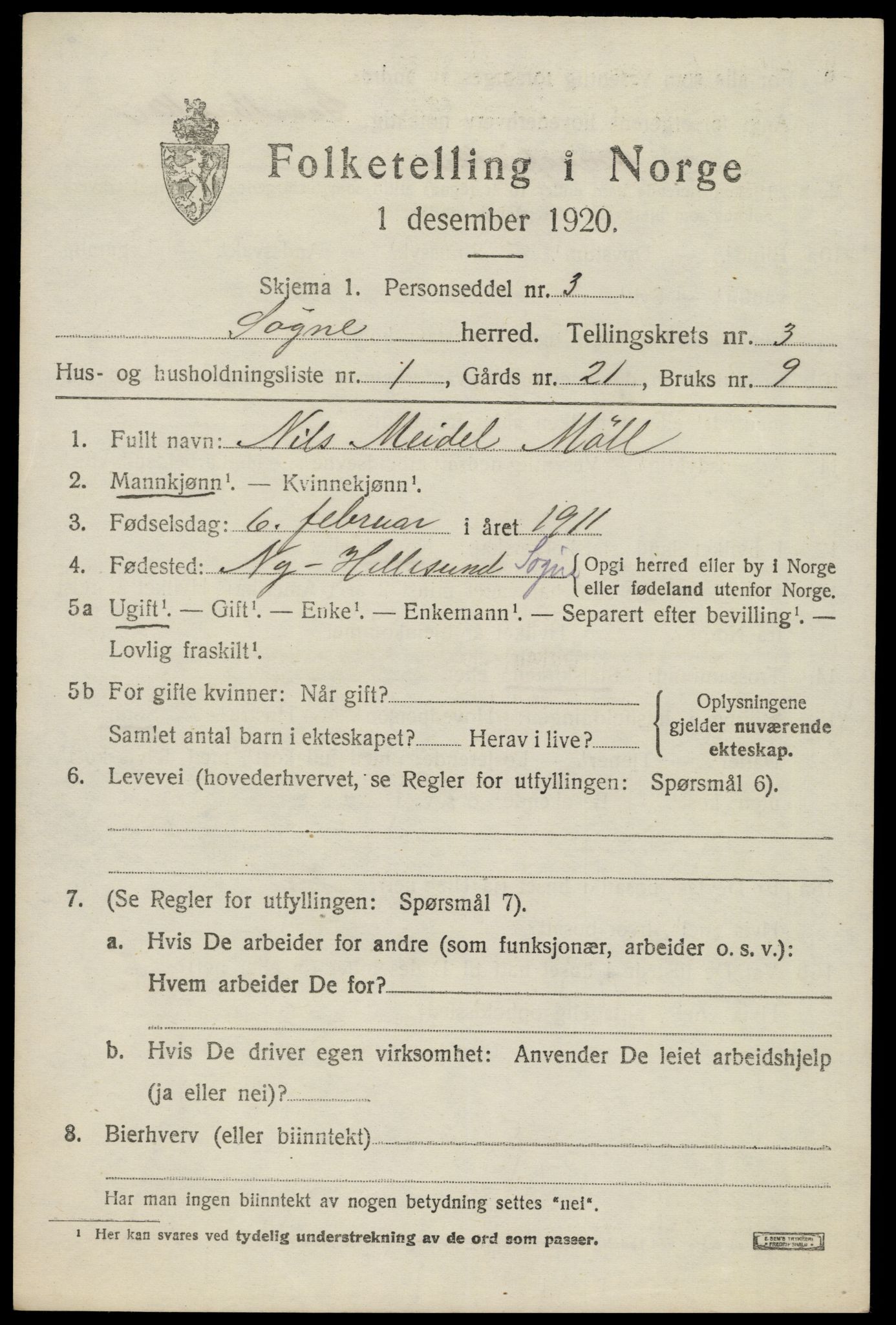 SAK, 1920 census for Søgne, 1920, p. 1645