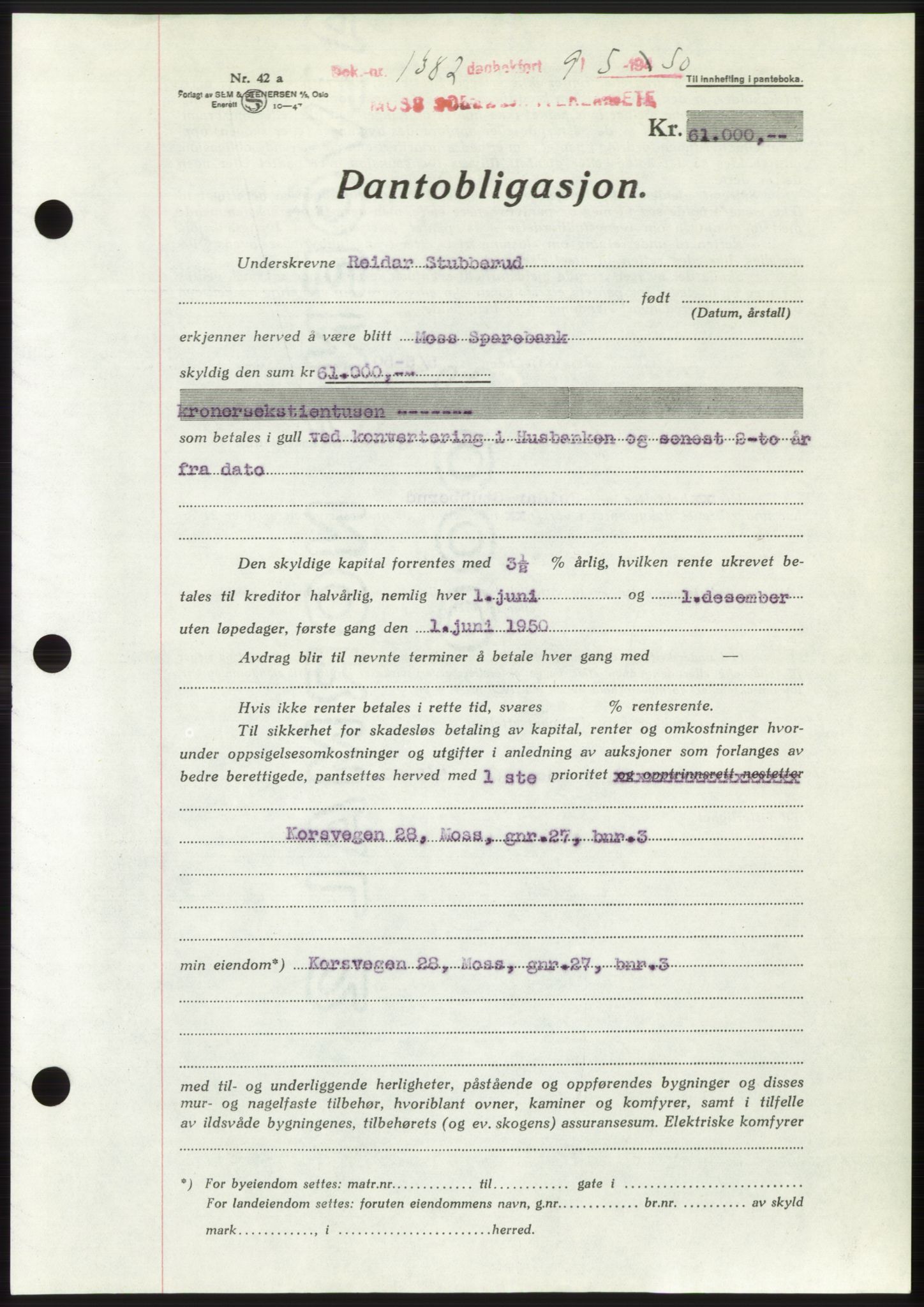 Moss sorenskriveri, AV/SAO-A-10168: Mortgage book no. B24, 1950-1950, Diary no: : 1382/1950