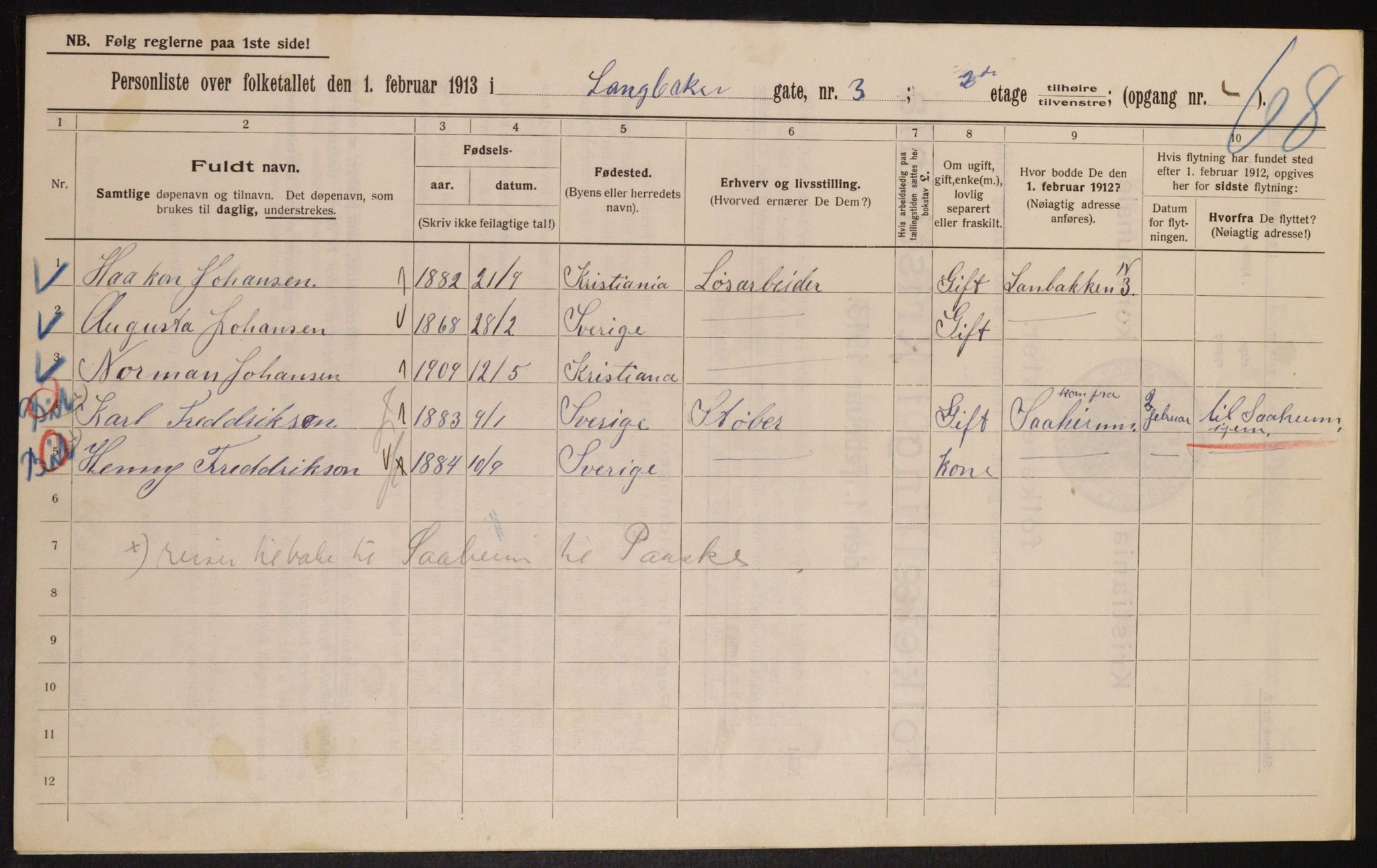 OBA, Municipal Census 1913 for Kristiania, 1913, p. 56037