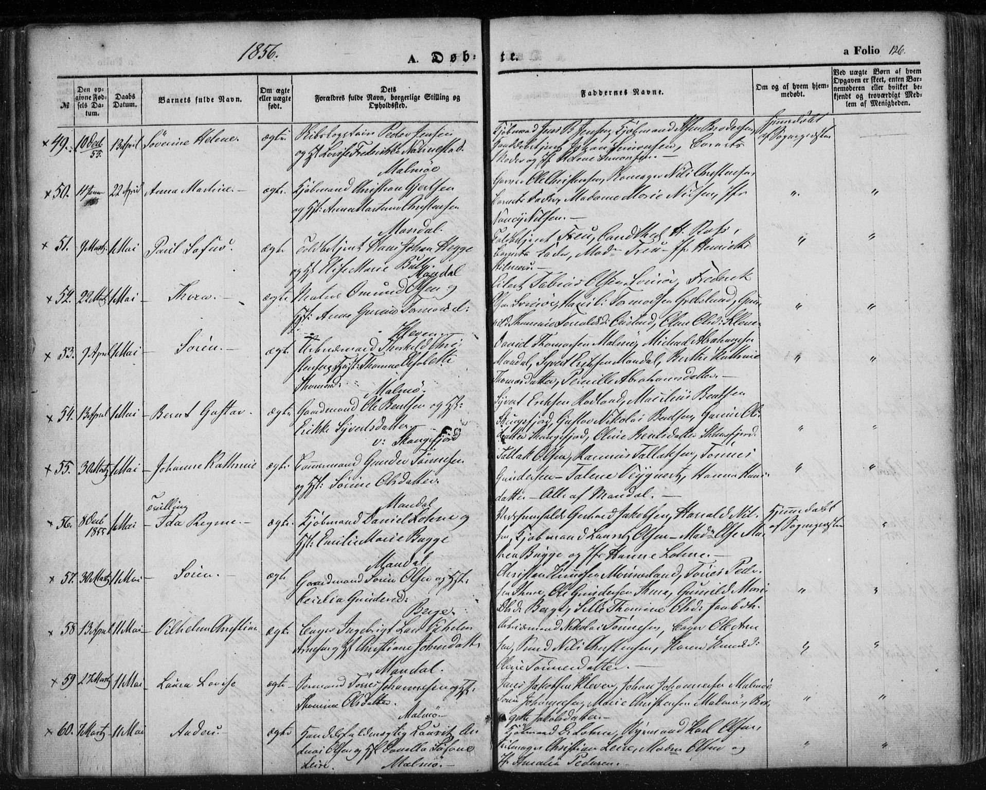 Mandal sokneprestkontor, AV/SAK-1111-0030/F/Fa/Faa/L0013: Parish register (official) no. A 13, 1847-1859, p. 126