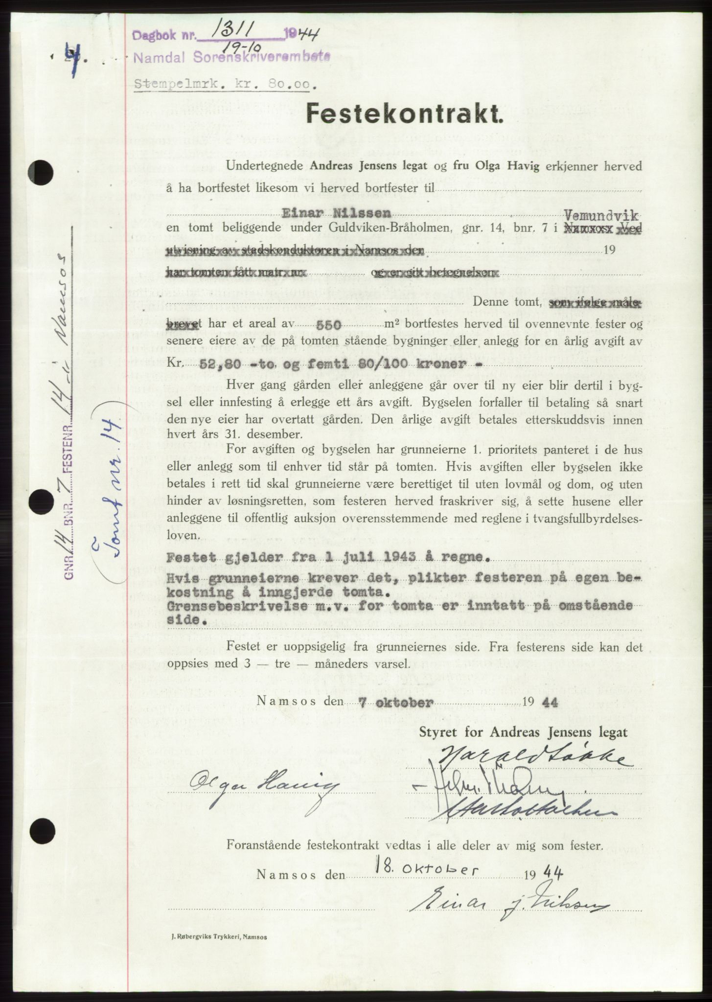 Namdal sorenskriveri, SAT/A-4133/1/2/2C: Mortgage book no. -, 1944-1945, Diary no: : 1311/1944
