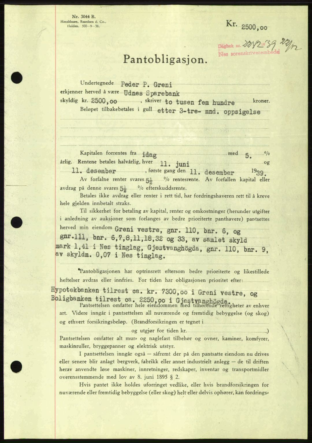 Nes tingrett, SAO/A-10548/G/Gb/Gbb/L0010: Mortgage book no. 54, 1939-1940, Diary no: : 2242/1939