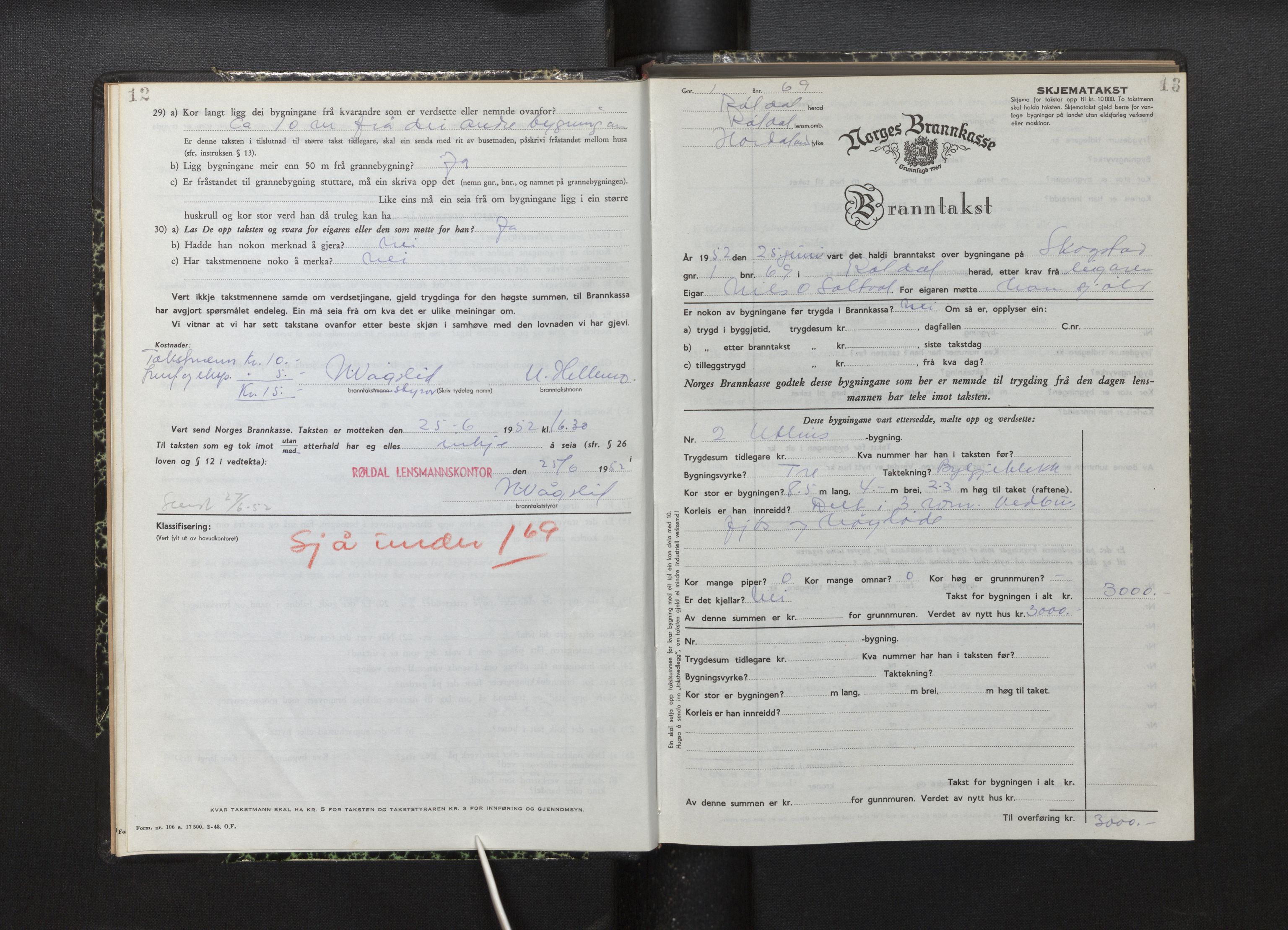 Lensmannen i Røldal, AV/SAB-A-34501/0012/L0005: Branntakstprotokoll, skjematakst, 1951-1963, p. 12-13