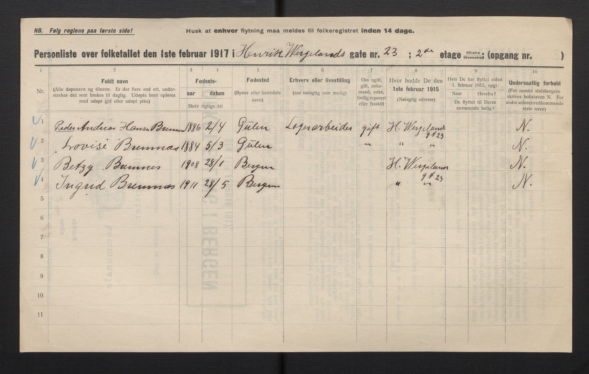 SAB, Municipal Census 1917 for Bergen, 1917, p. 14276