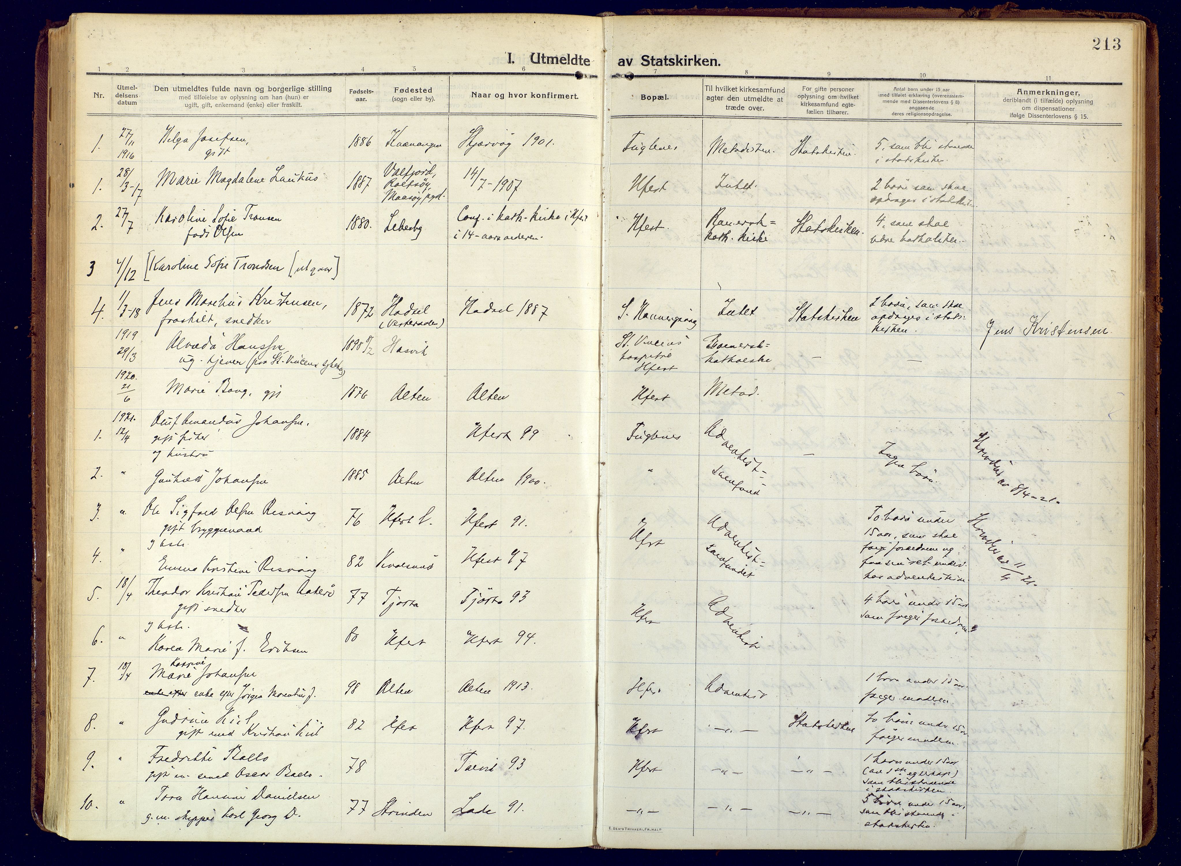 Hammerfest sokneprestkontor, AV/SATØ-S-1347/H/Ha/L0015.kirke: Parish register (official) no. 15, 1916-1923, p. 213