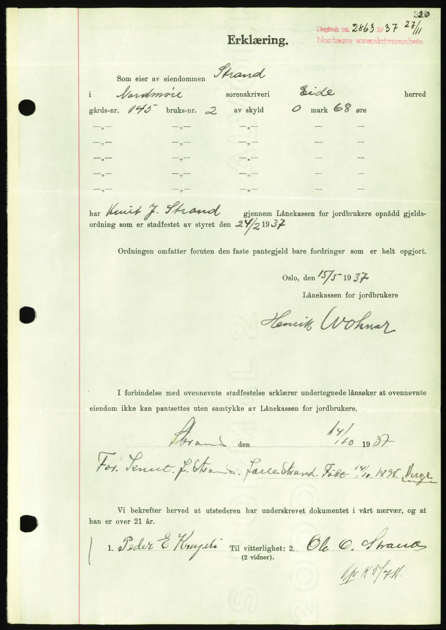 Nordmøre sorenskriveri, AV/SAT-A-4132/1/2/2Ca/L0092: Mortgage book no. B82, 1937-1938, Diary no: : 2863/1937