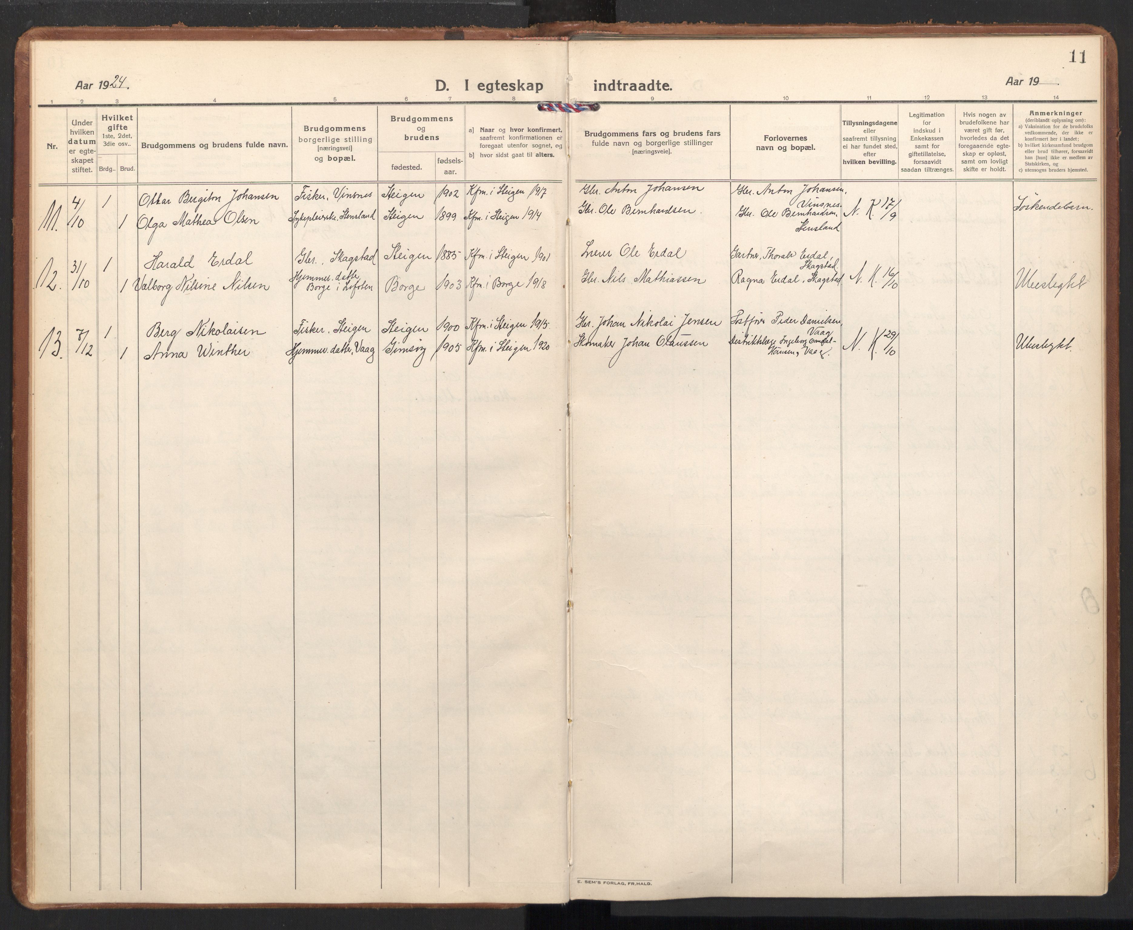 Ministerialprotokoller, klokkerbøker og fødselsregistre - Nordland, SAT/A-1459/855/L0809: Parish register (official) no. 855A18, 1921-1939, p. 11