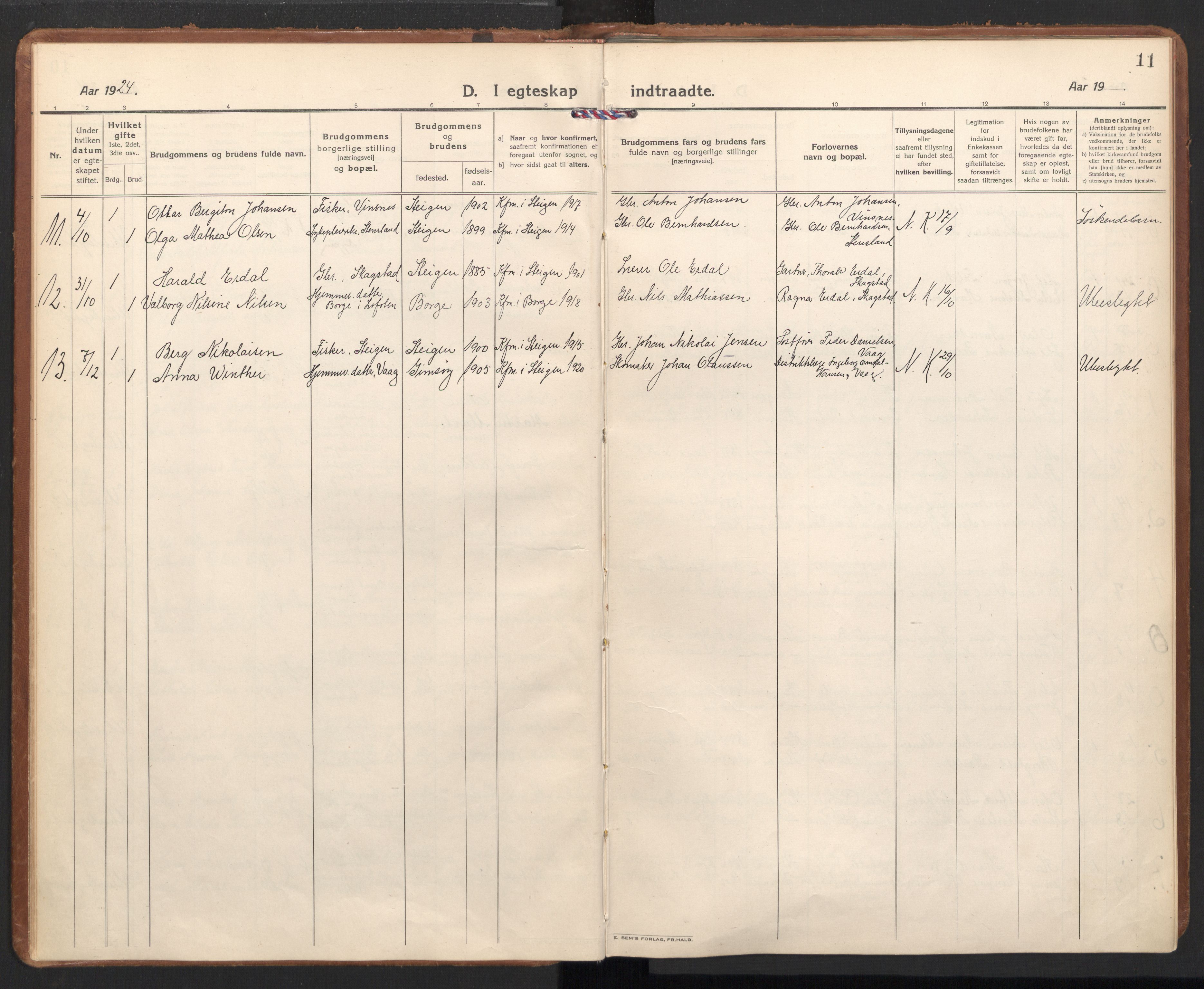 Ministerialprotokoller, klokkerbøker og fødselsregistre - Nordland, AV/SAT-A-1459/855/L0809: Parish register (official) no. 855A18, 1921-1939, p. 11