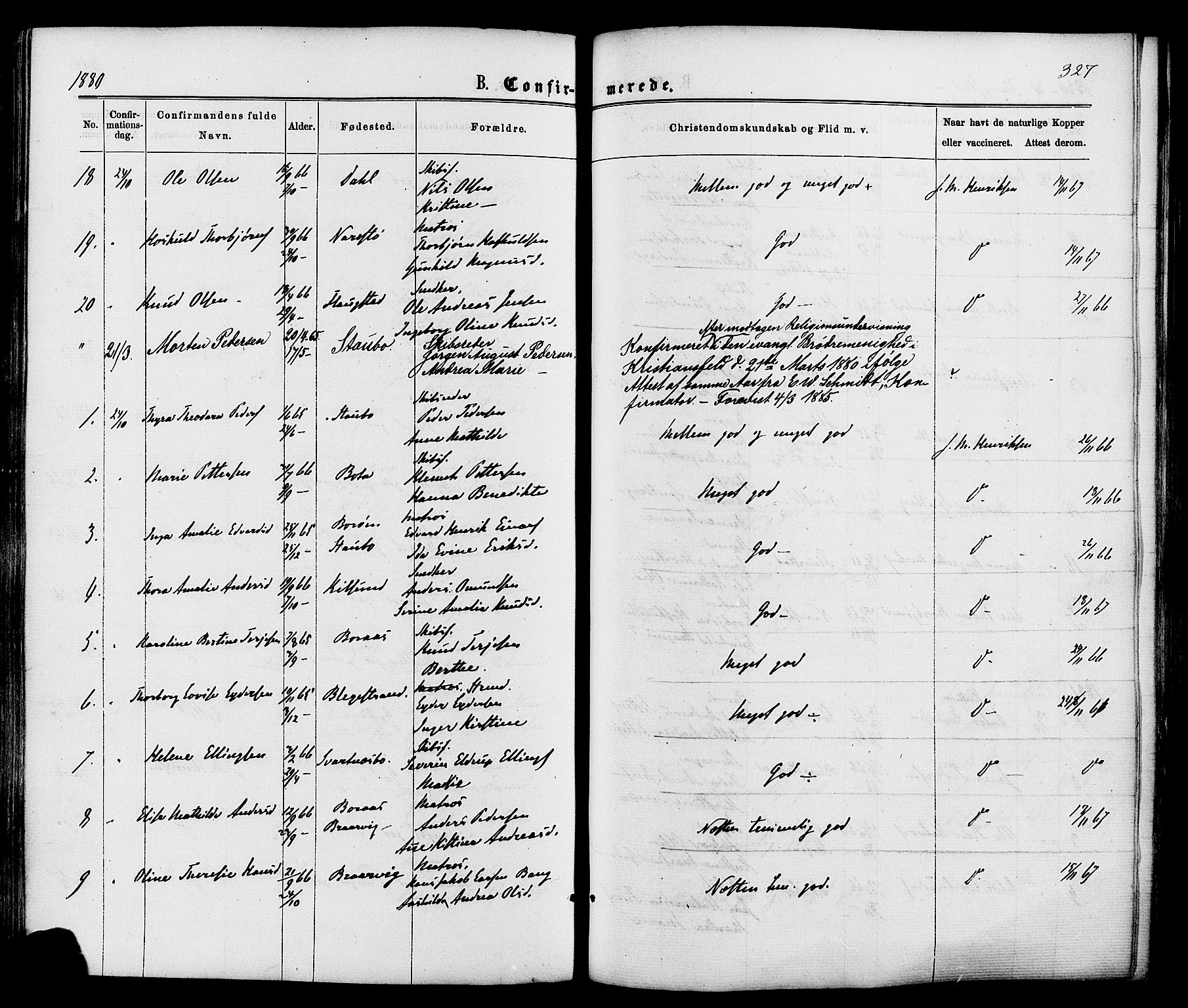 Dypvåg sokneprestkontor, SAK/1111-0007/F/Fa/Faa/L0007: Parish register (official) no. A 7 /2, 1877-1884, p. 327