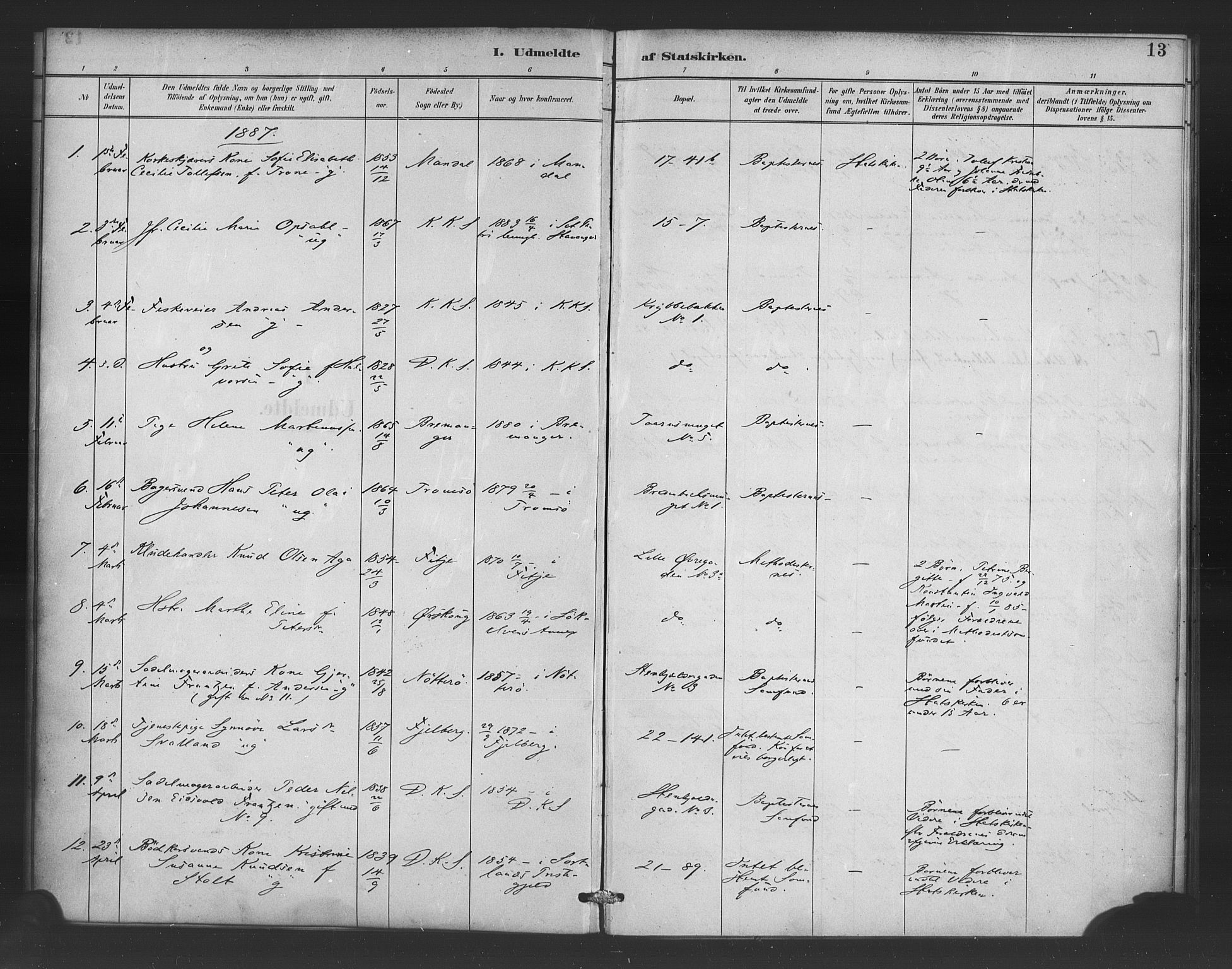 Korskirken sokneprestembete, AV/SAB-A-76101/H/Haa/L0052: Parish register (official) no. G 2, 1887-1899, p. 13