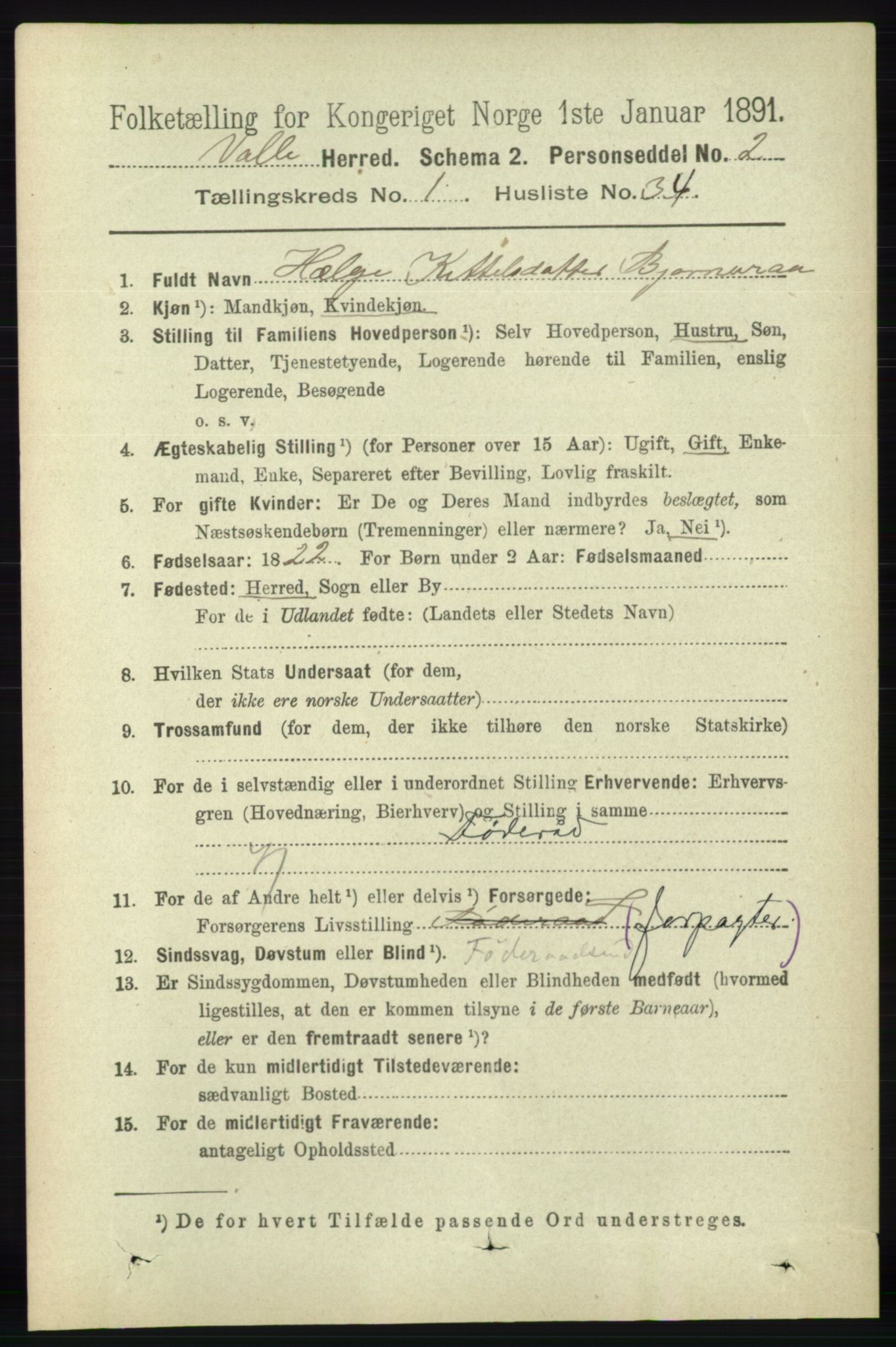 RA, 1891 census for 0940 Valle, 1891, p. 307