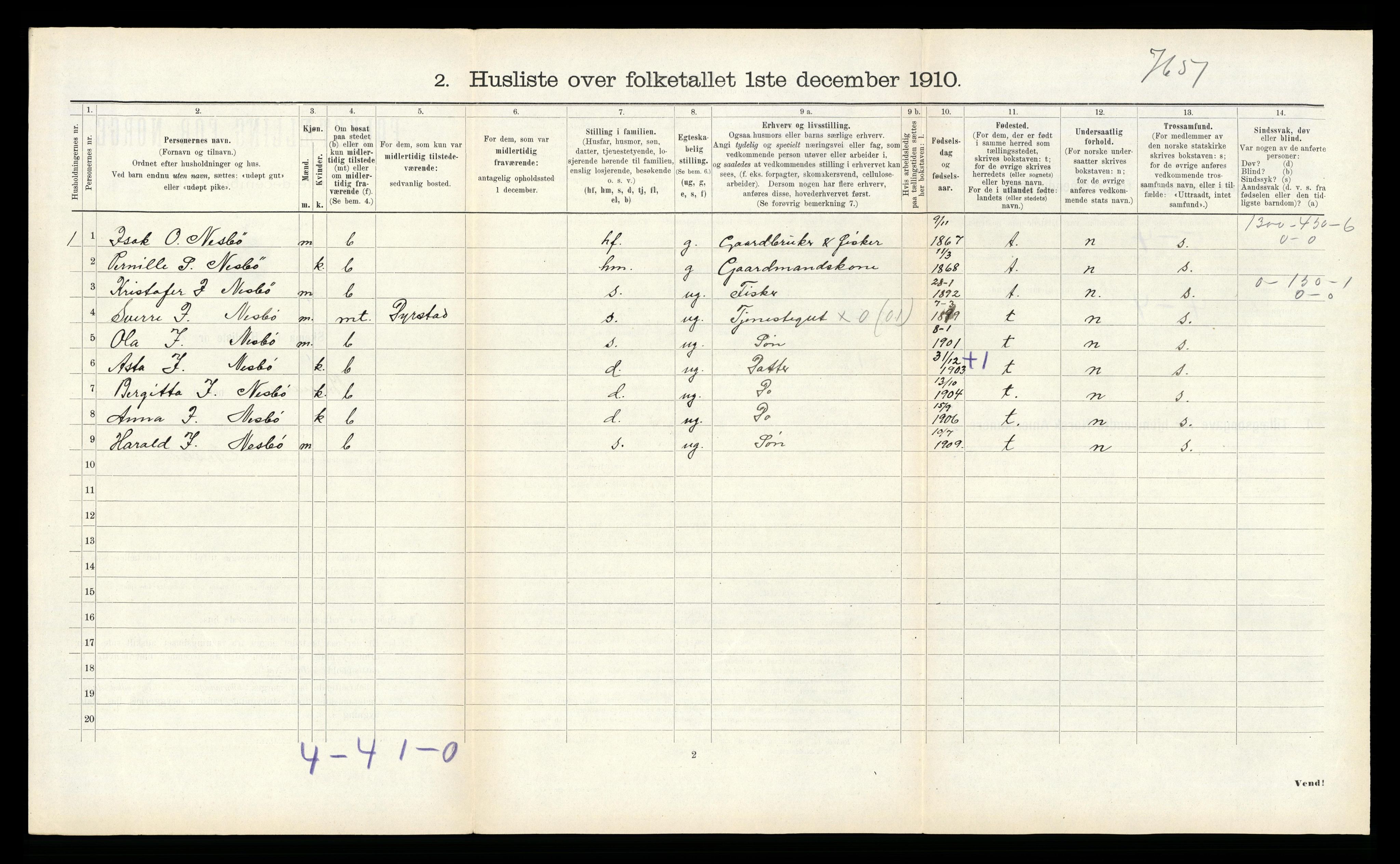 RA, 1910 census for Bremanger, 1910, p. 630