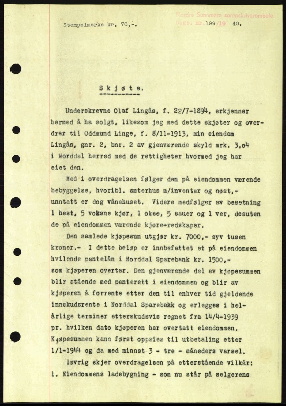 Nordre Sunnmøre sorenskriveri, AV/SAT-A-0006/1/2/2C/2Ca: Mortgage book no. A8, 1939-1940, Diary no: : 199/1940