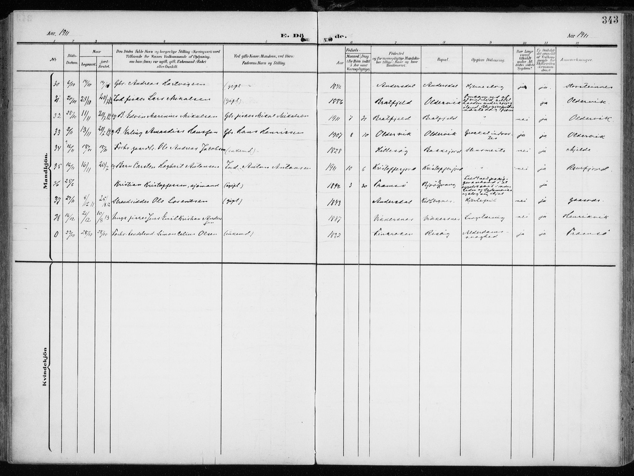 Tromsøysund sokneprestkontor, AV/SATØ-S-1304/G/Ga/L0007kirke: Parish register (official) no. 7, 1907-1914, p. 343