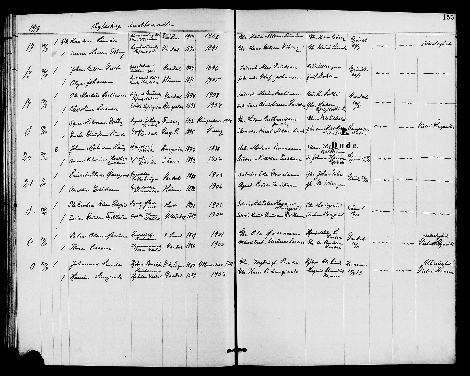 Vardal prestekontor, SAH/PREST-100/H/Ha/Hab/L0011: Parish register (copy) no. 11, 1899-1913, p. 155