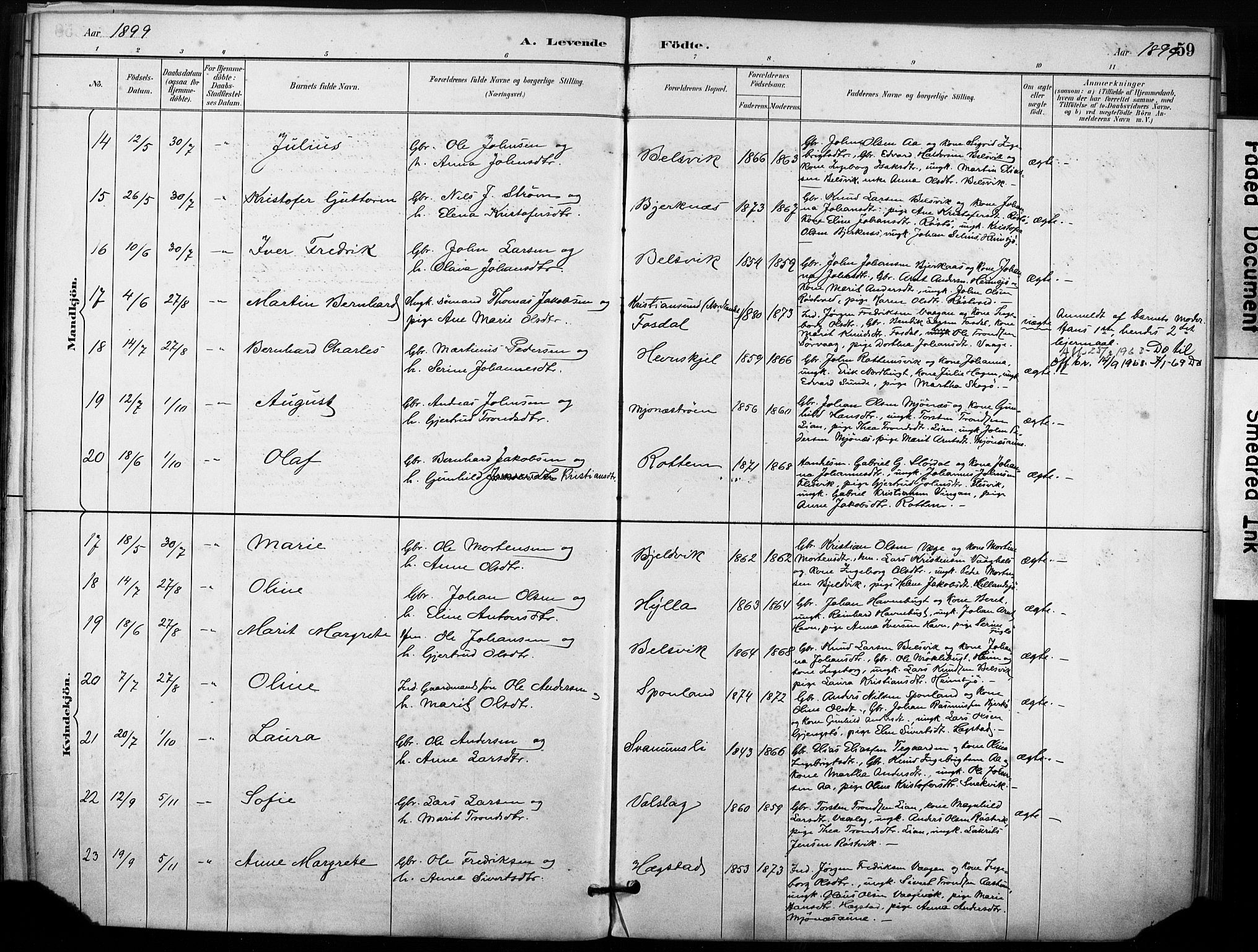 Ministerialprotokoller, klokkerbøker og fødselsregistre - Sør-Trøndelag, AV/SAT-A-1456/633/L0518: Parish register (official) no. 633A01, 1884-1906, p. 59