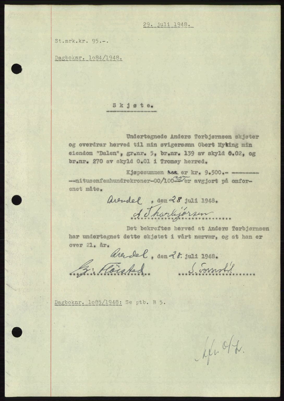 Nedenes sorenskriveri, AV/SAK-1221-0006/G/Gb/Gba/L0059: Mortgage book no. A11, 1948-1948, Diary no: : 1084/1948