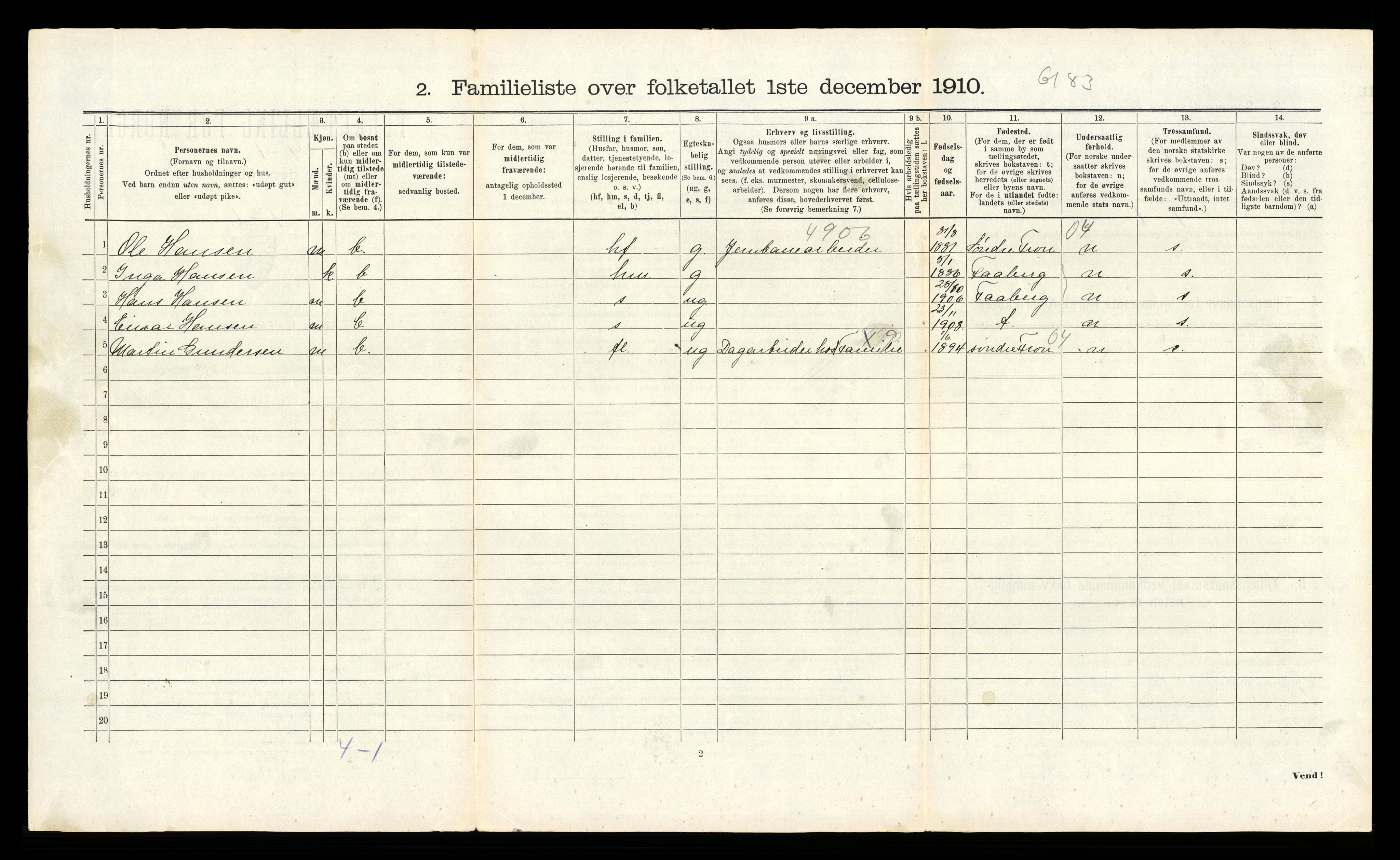 RA, 1910 census for Lillehammer, 1910, p. 2228
