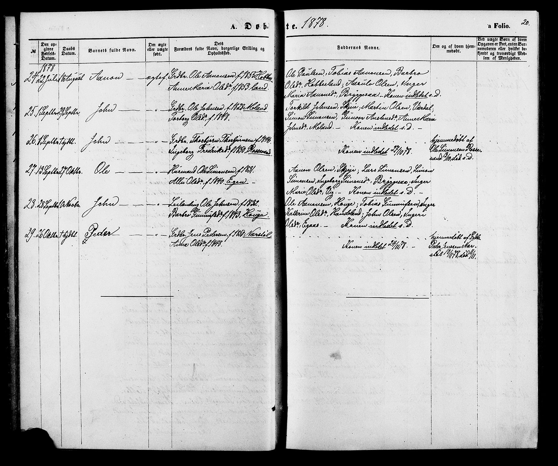 Hægebostad sokneprestkontor, AV/SAK-1111-0024/F/Fa/Fab/L0003: Parish register (official) no. A 3, 1872-1886, p. 20