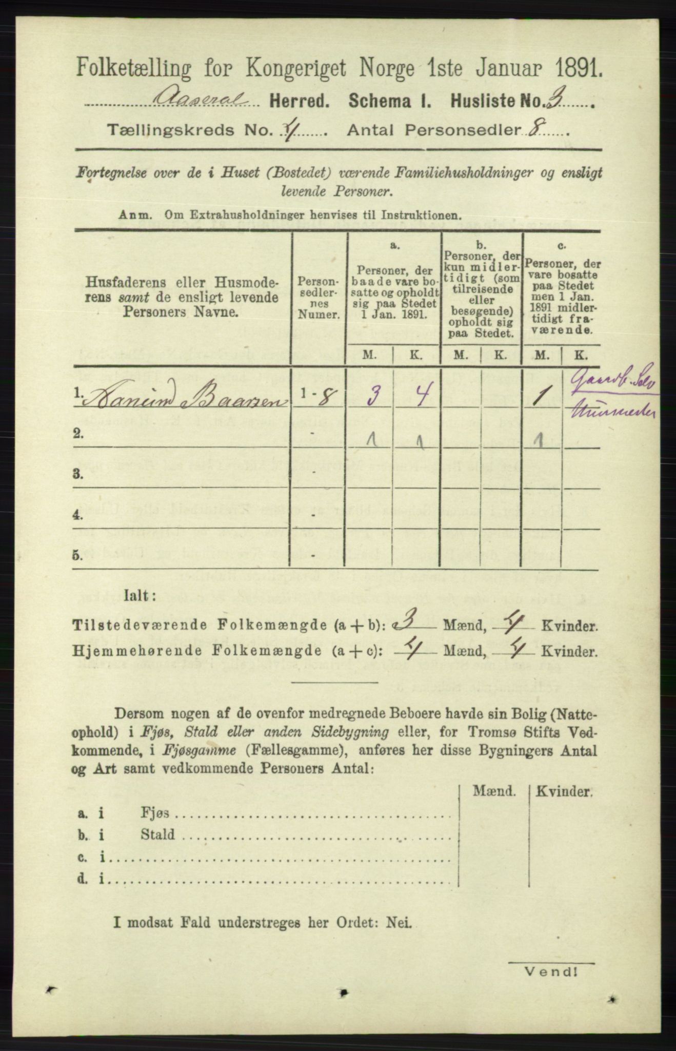 RA, 1891 census for 1026 Åseral, 1891, p. 1122