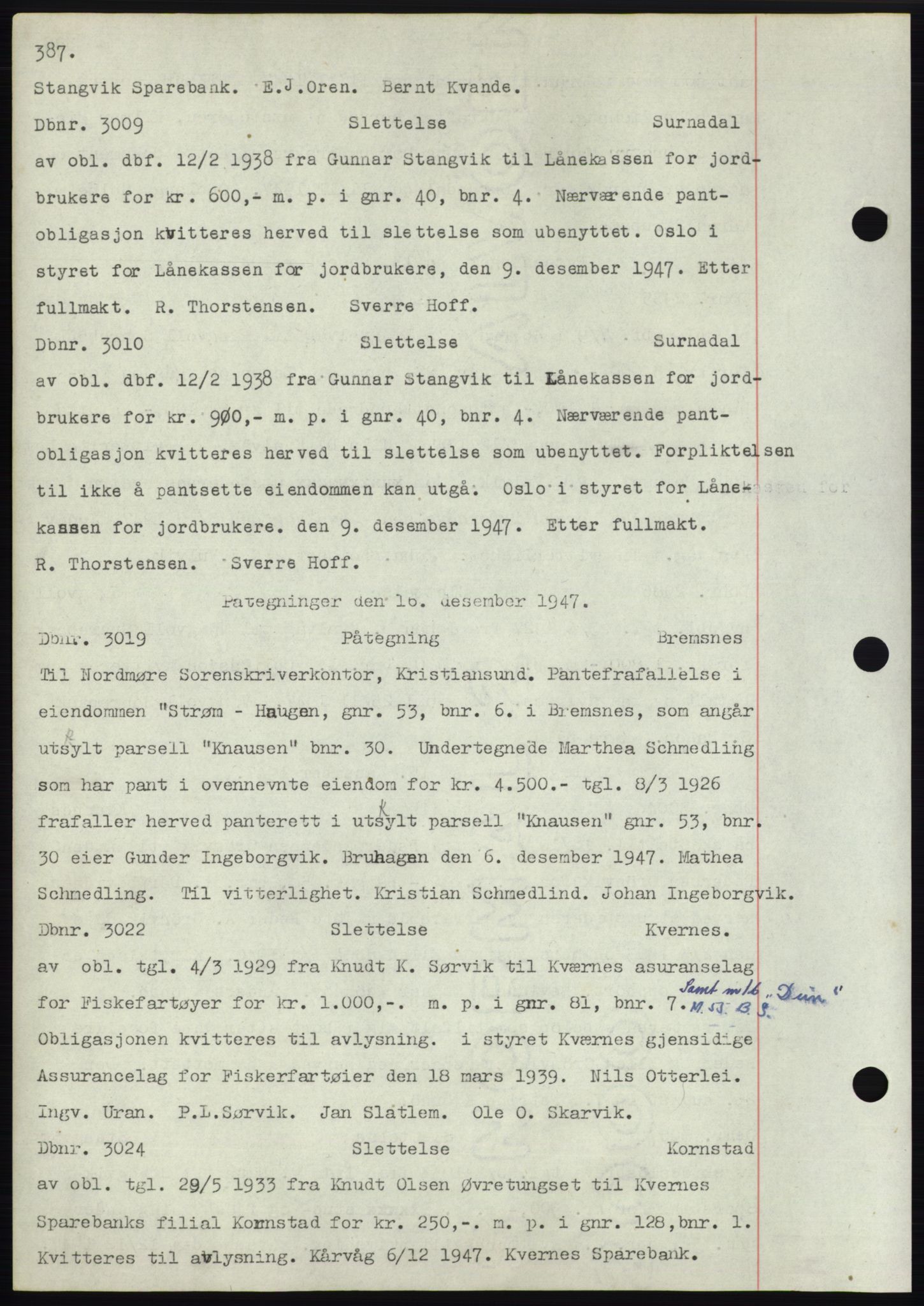 Nordmøre sorenskriveri, SAT/A-4132/1/2/2Ca: Mortgage book no. C82b, 1946-1951, Diary no: : 3009/1947