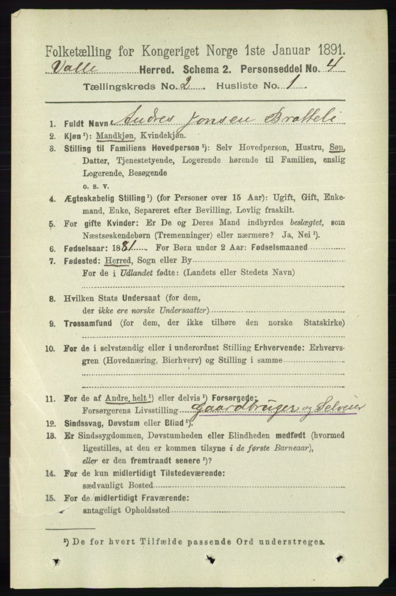 RA, 1891 census for 0940 Valle, 1891, p. 375