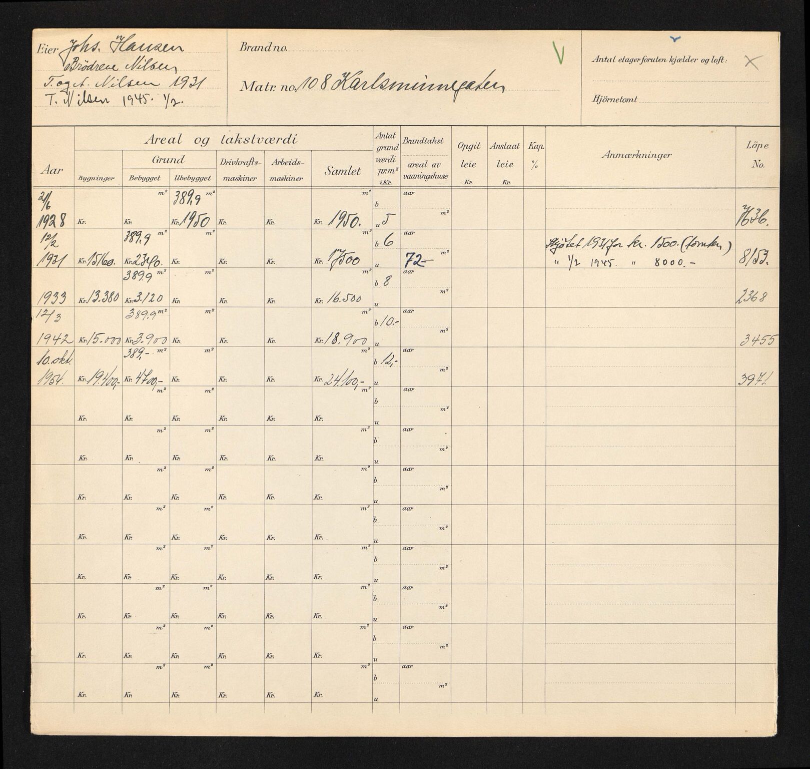 Stavanger kommune. Skattetakstvesenet, BYST/A-0440/F/Fa/Faa/L0024/0005: Skattetakstkort / Karlsminnegata 102 - 123
