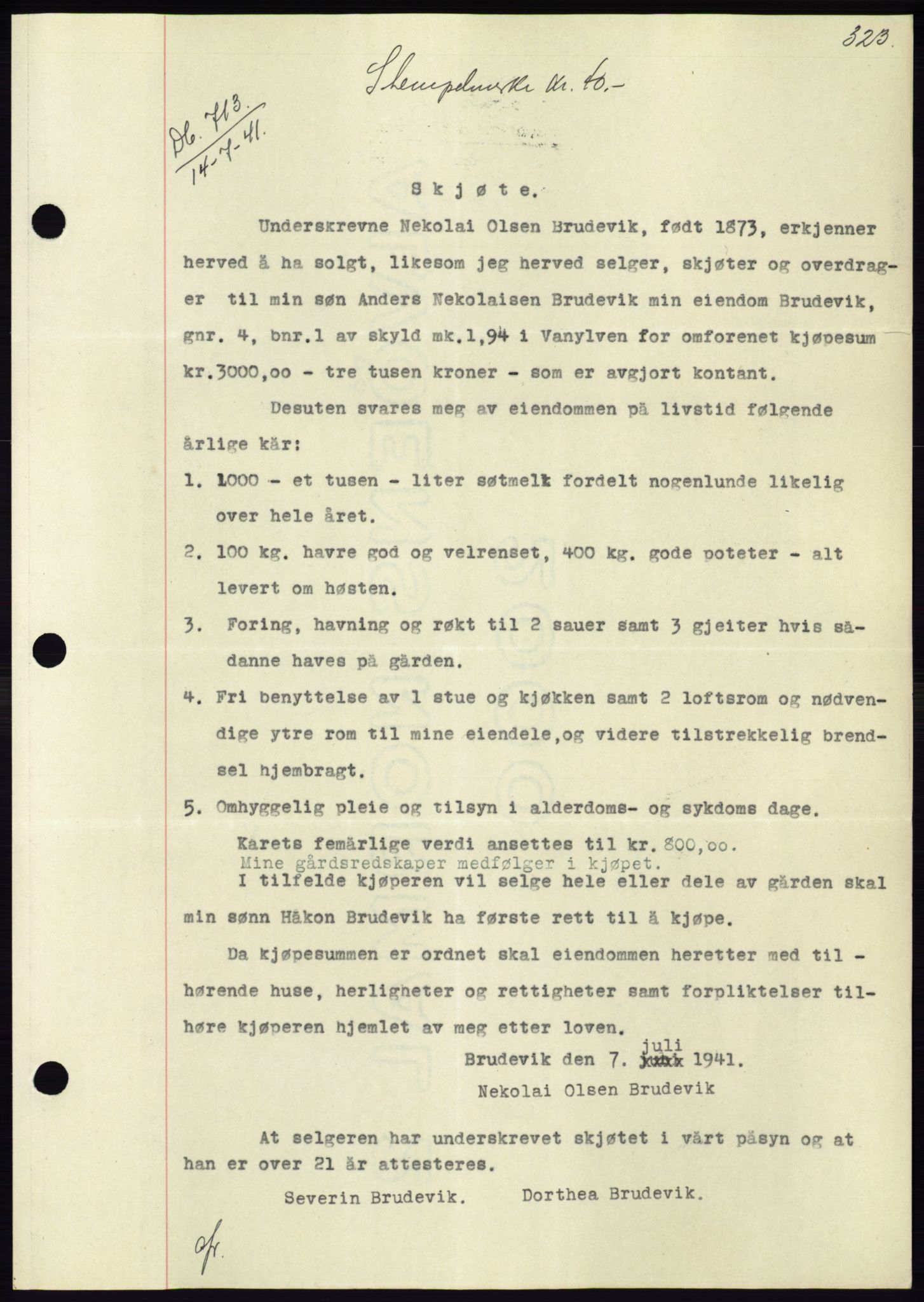 Søre Sunnmøre sorenskriveri, AV/SAT-A-4122/1/2/2C/L0071: Mortgage book no. 65, 1941-1941, Diary no: : 713/1941