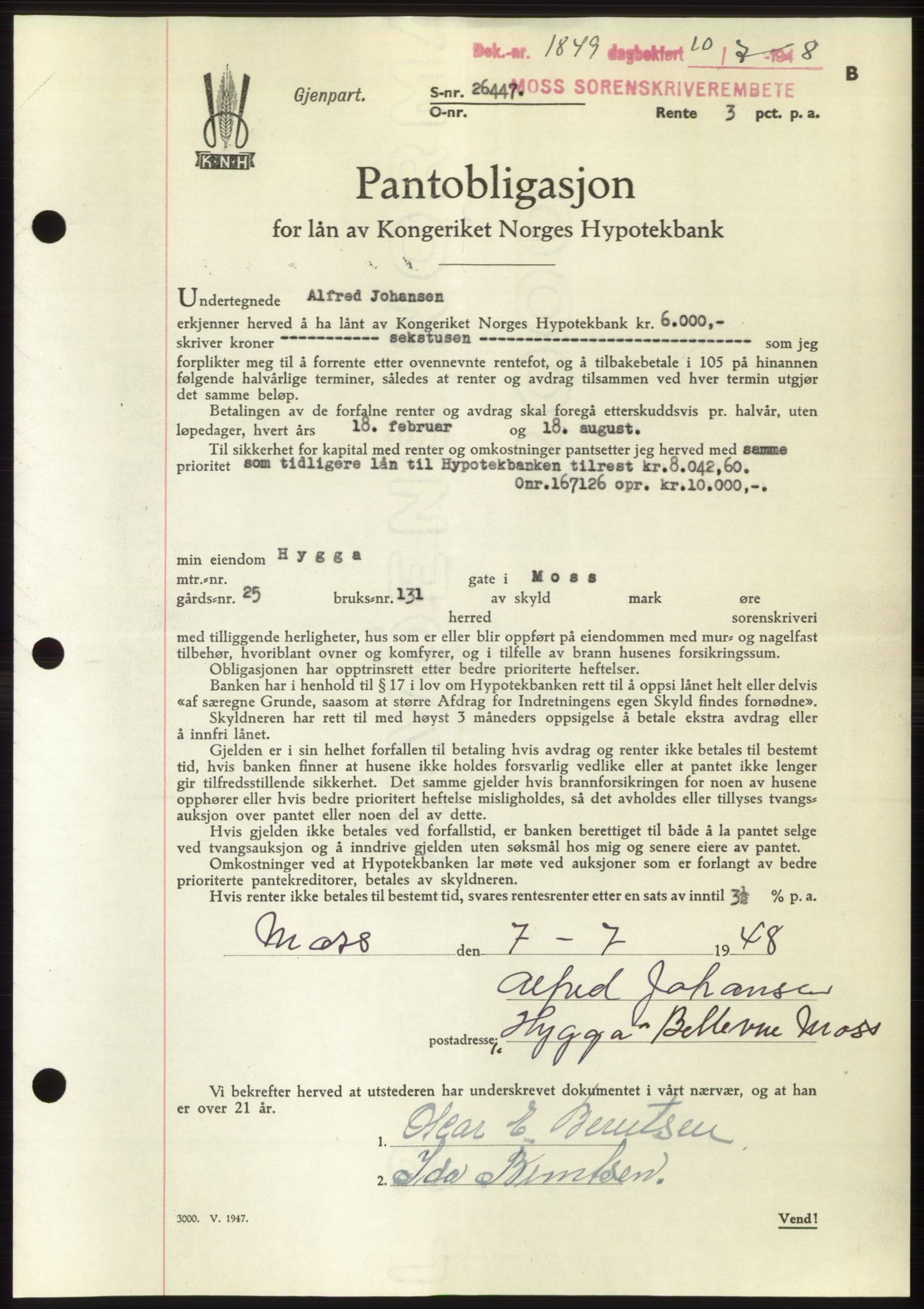 Moss sorenskriveri, AV/SAO-A-10168: Mortgage book no. B20, 1948-1948, Diary no: : 1849/1948