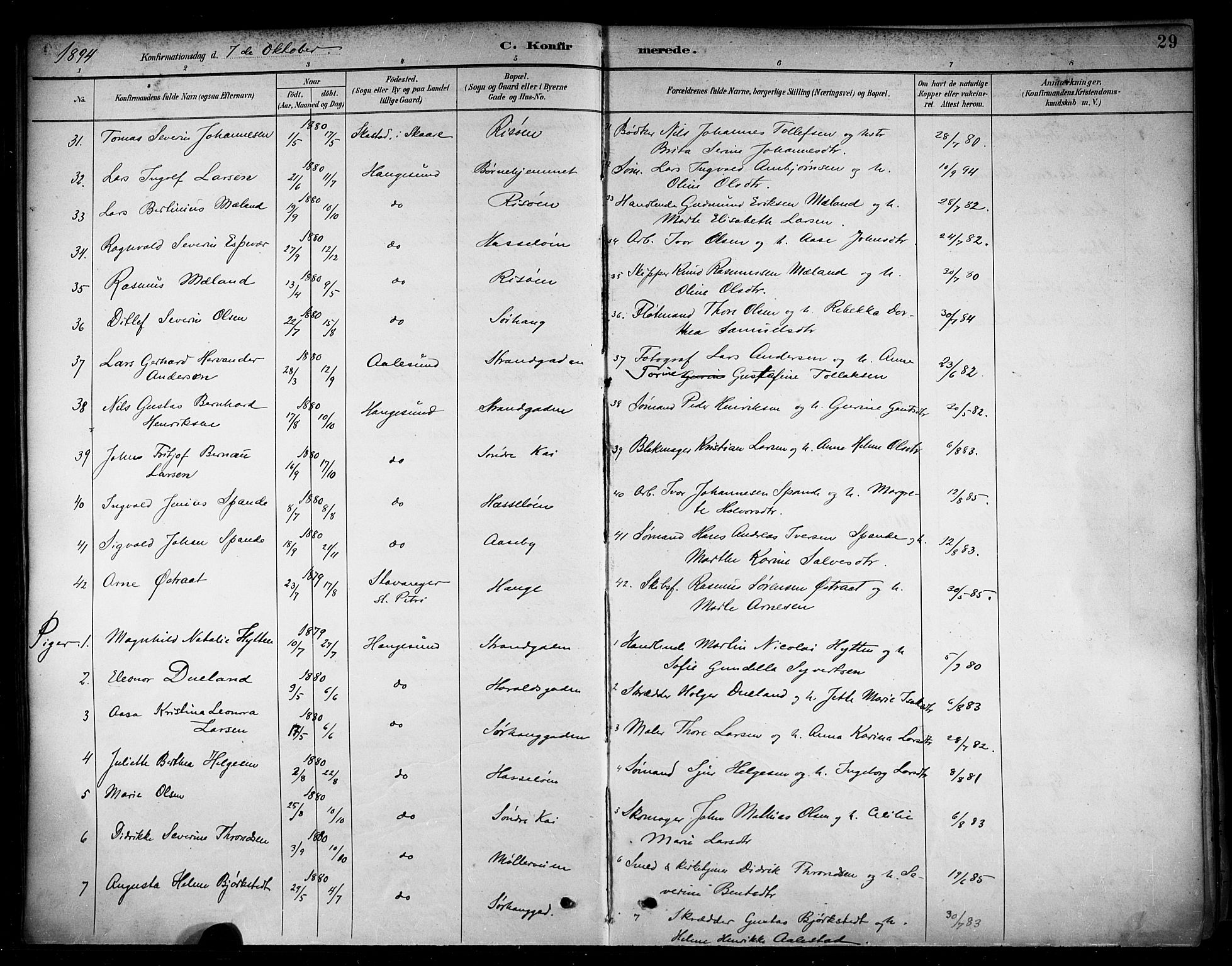 Haugesund sokneprestkontor, AV/SAST-A -101863/H/Ha/Haa/L0005: Parish register (official) no. A 5, 1891-1903, p. 29