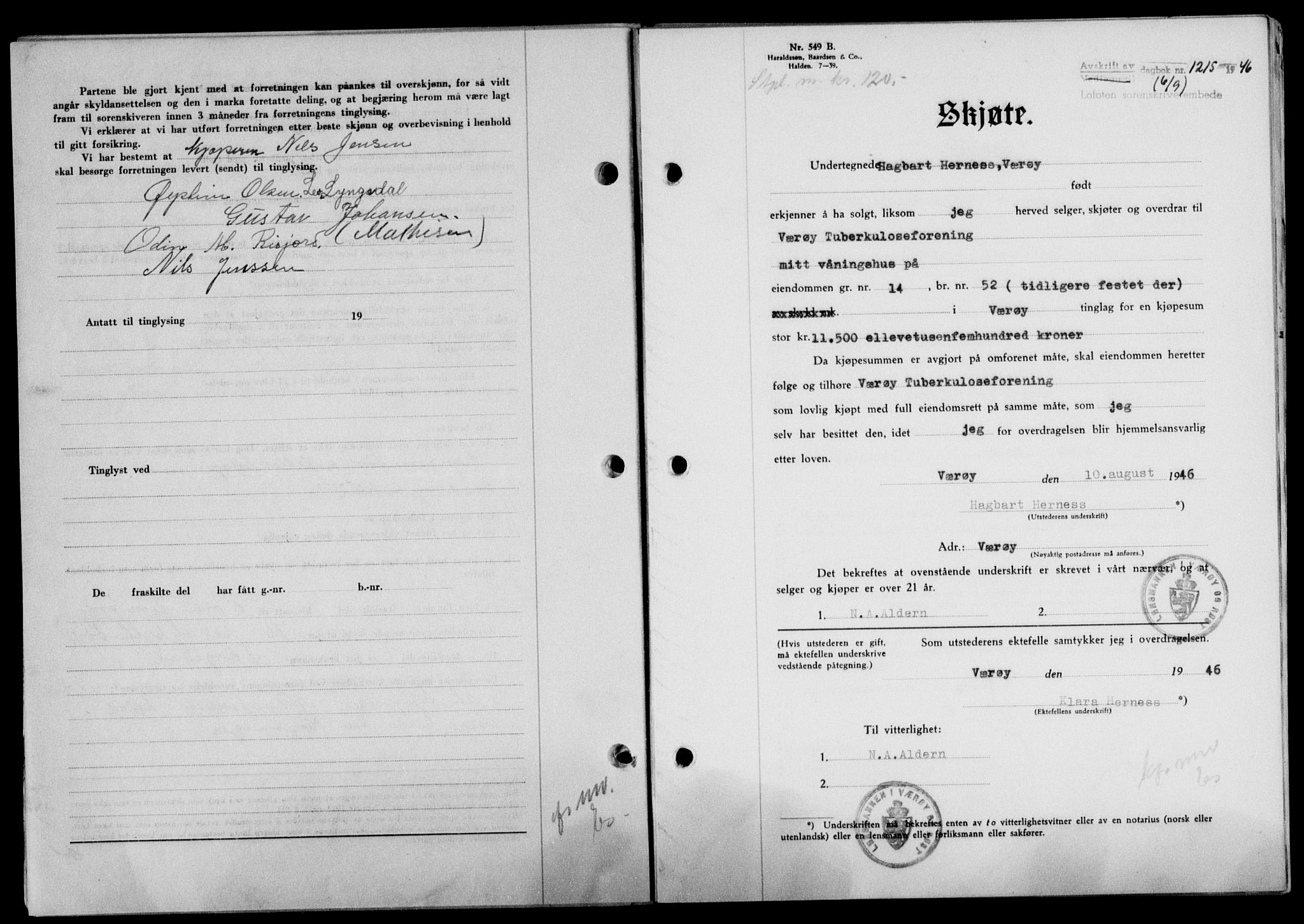 Lofoten sorenskriveri, SAT/A-0017/1/2/2C/L0014a: Mortgage book no. 14a, 1946-1946, Diary no: : 1215/1946