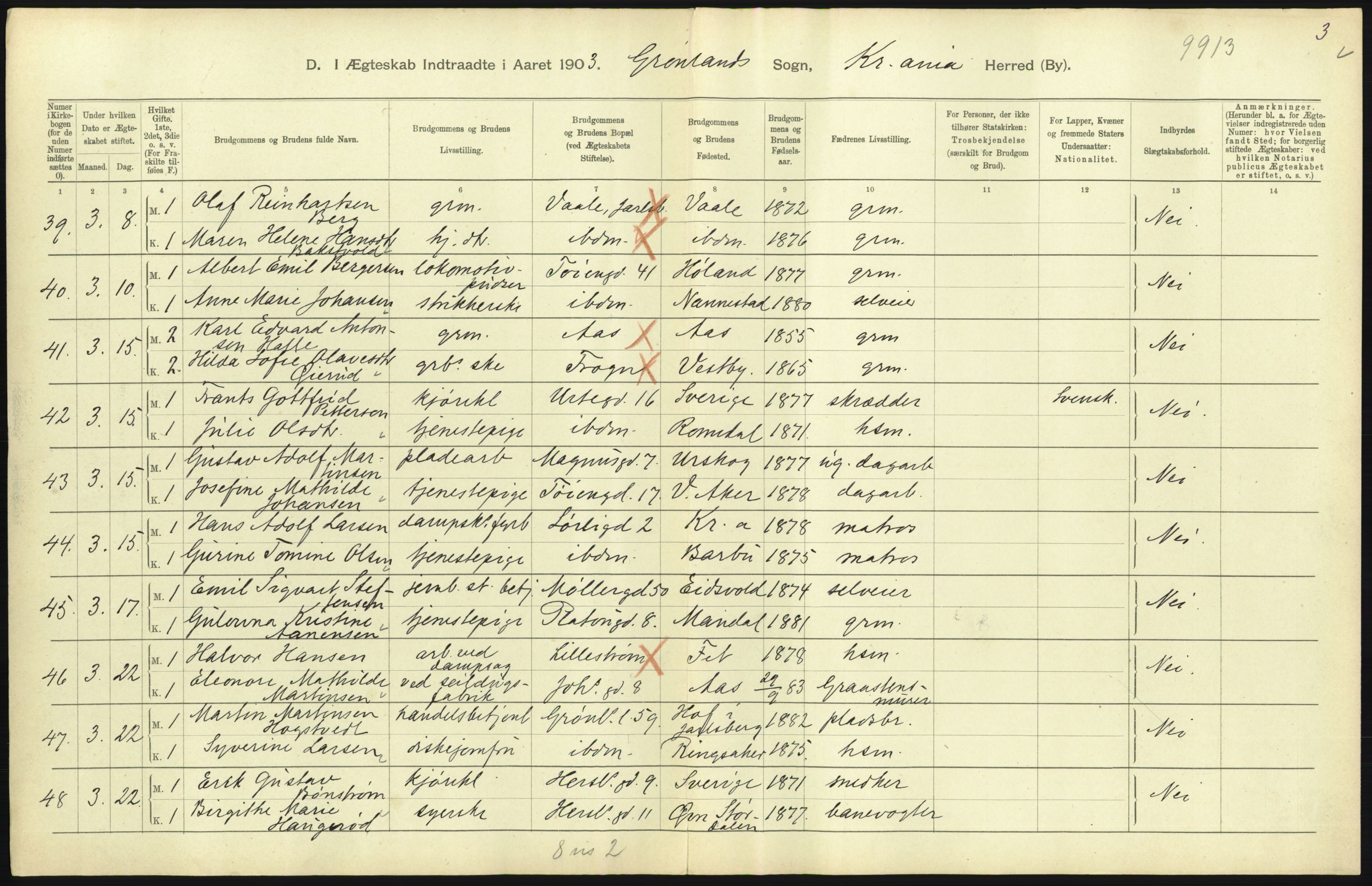 Statistisk sentralbyrå, Sosiodemografiske emner, Befolkning, AV/RA-S-2228/D/Df/Dfa/Dfaa/L0004: Kristiania: Gifte, døde, 1903, p. 455